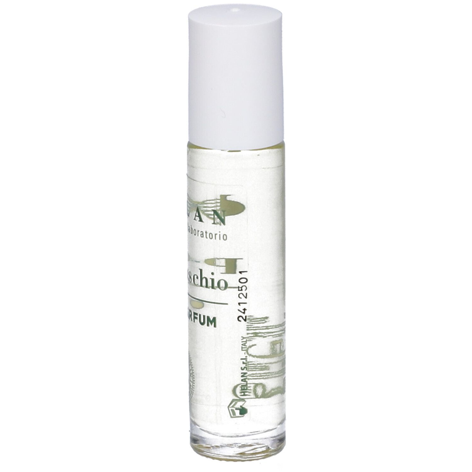Flacone roll-on trasparente con tappo bianco. Scritta: Helan, PuroMuschio, OIL DE PARFUM. Etichetta con testo e logo.
