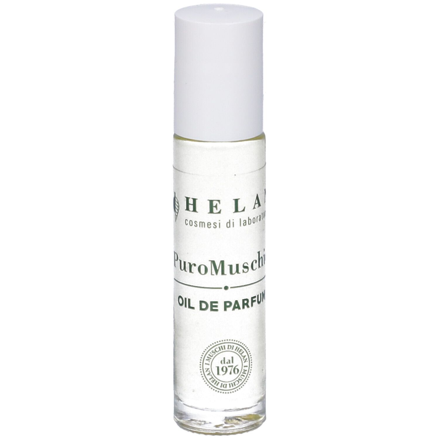 Flacone roll-on trasparente con tappo bianco. Scritta: Helan, PuroMuschio, OIL DE PARFUM. Logo: Helan, dal 1976.