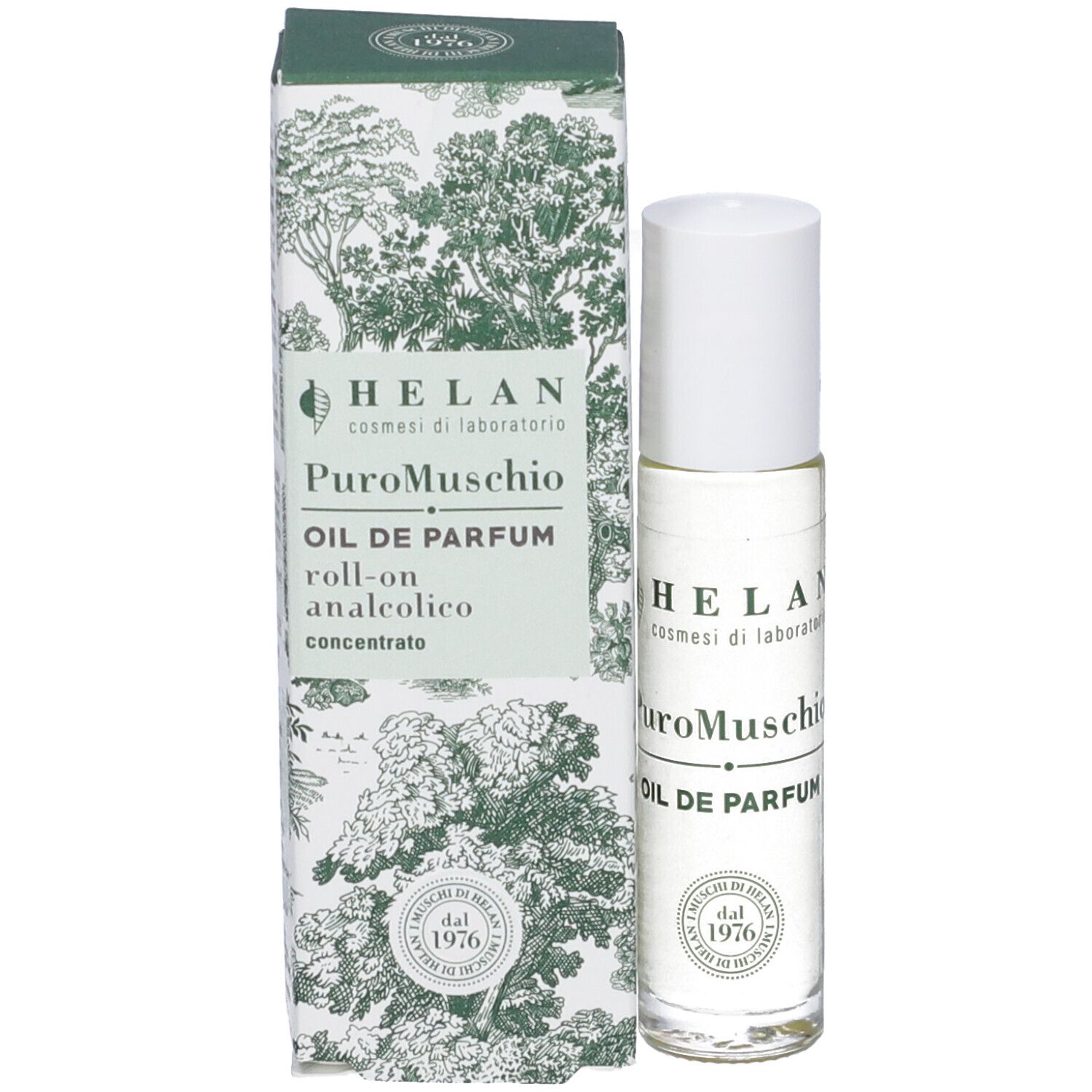 Flacone roll-on accanto a una scatola. Scritta: Helan, PuroMuschio, OIL DE PARFUM, roll-on analcolico. Logo: Helan, dal 1976.