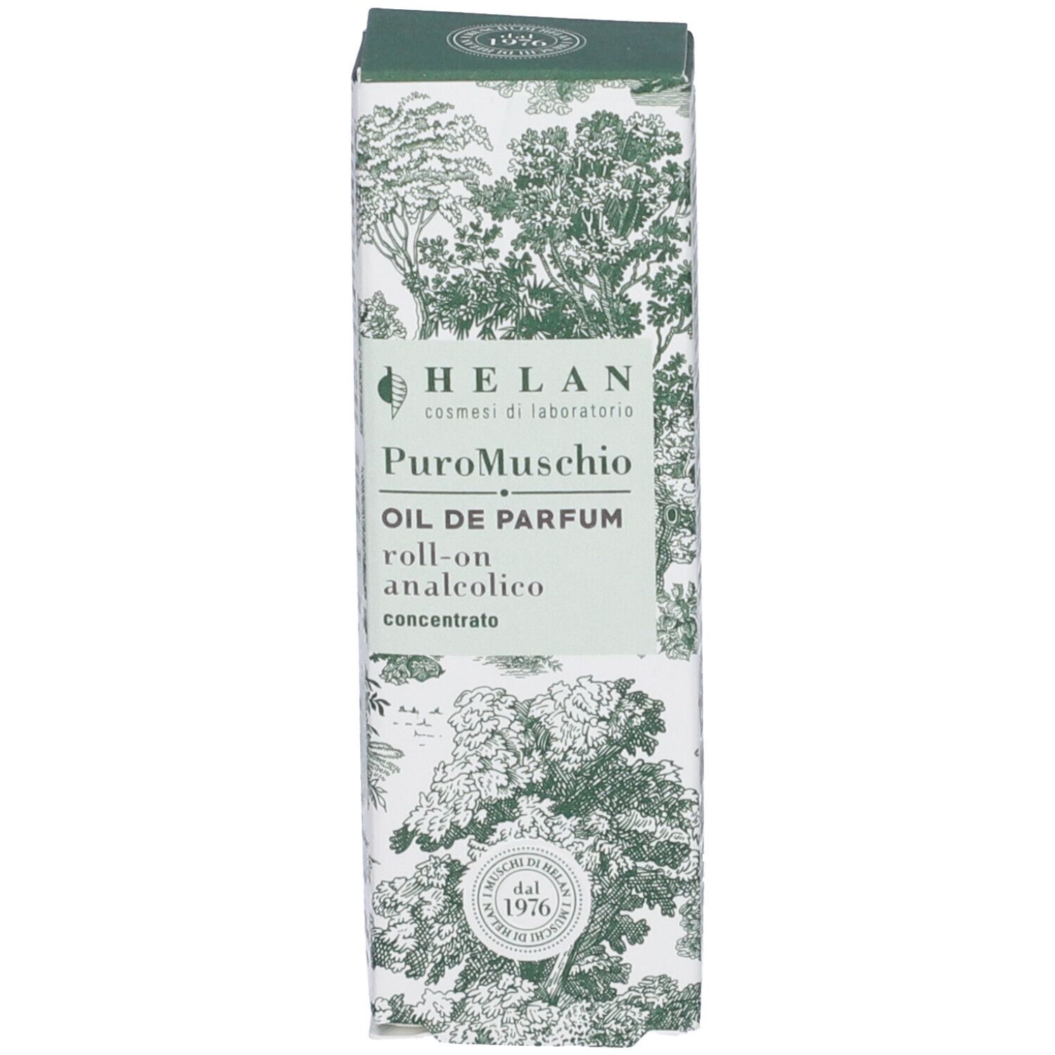 Scatola con motivo floreale. Scritta: Helan, PuroMuschio, OIL DE PARFUM, roll-on analcolico. Logo: Helan, dal 1976.