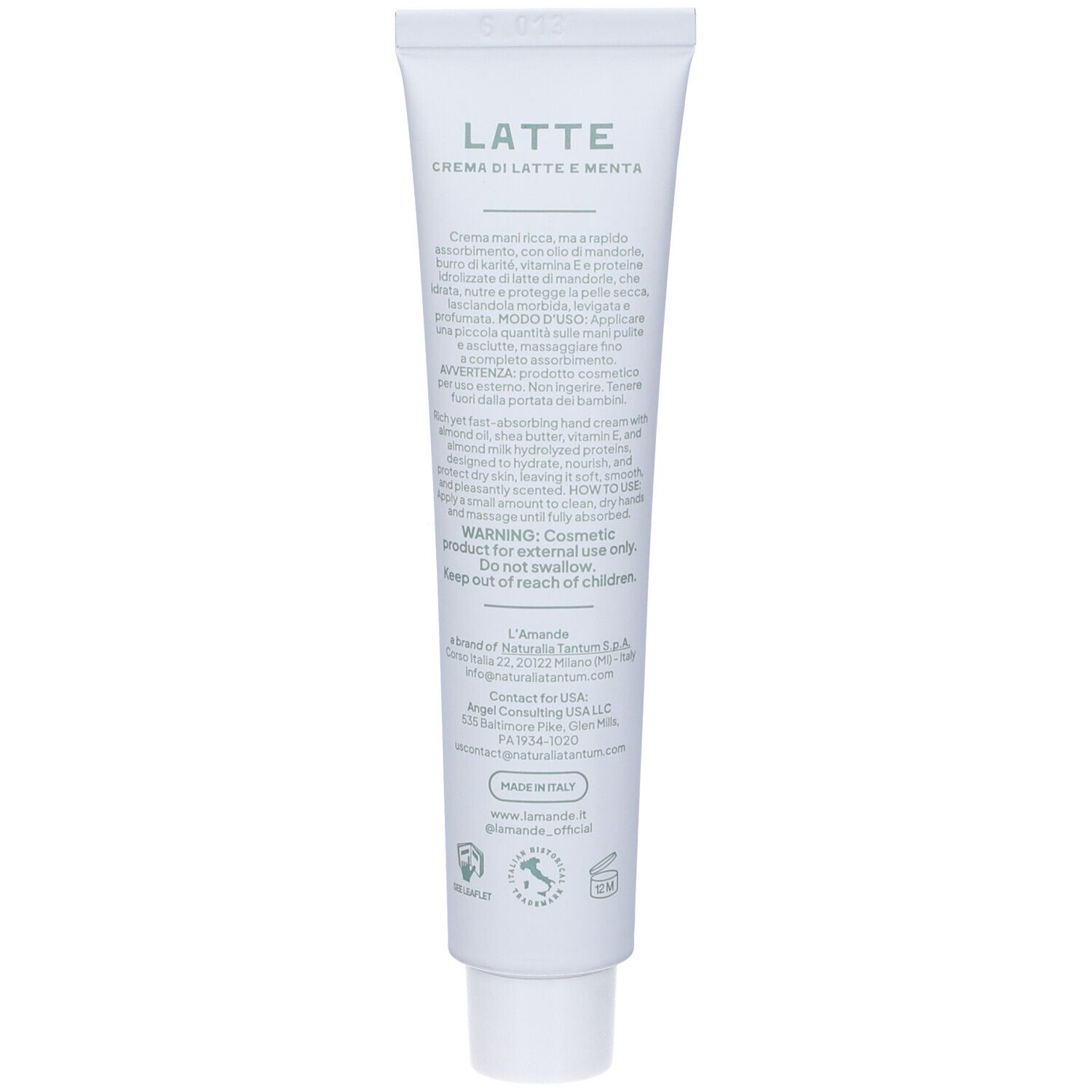 Retro del tubo L'Amande Crema Mani Idratante con ingredienti e istruzioni.