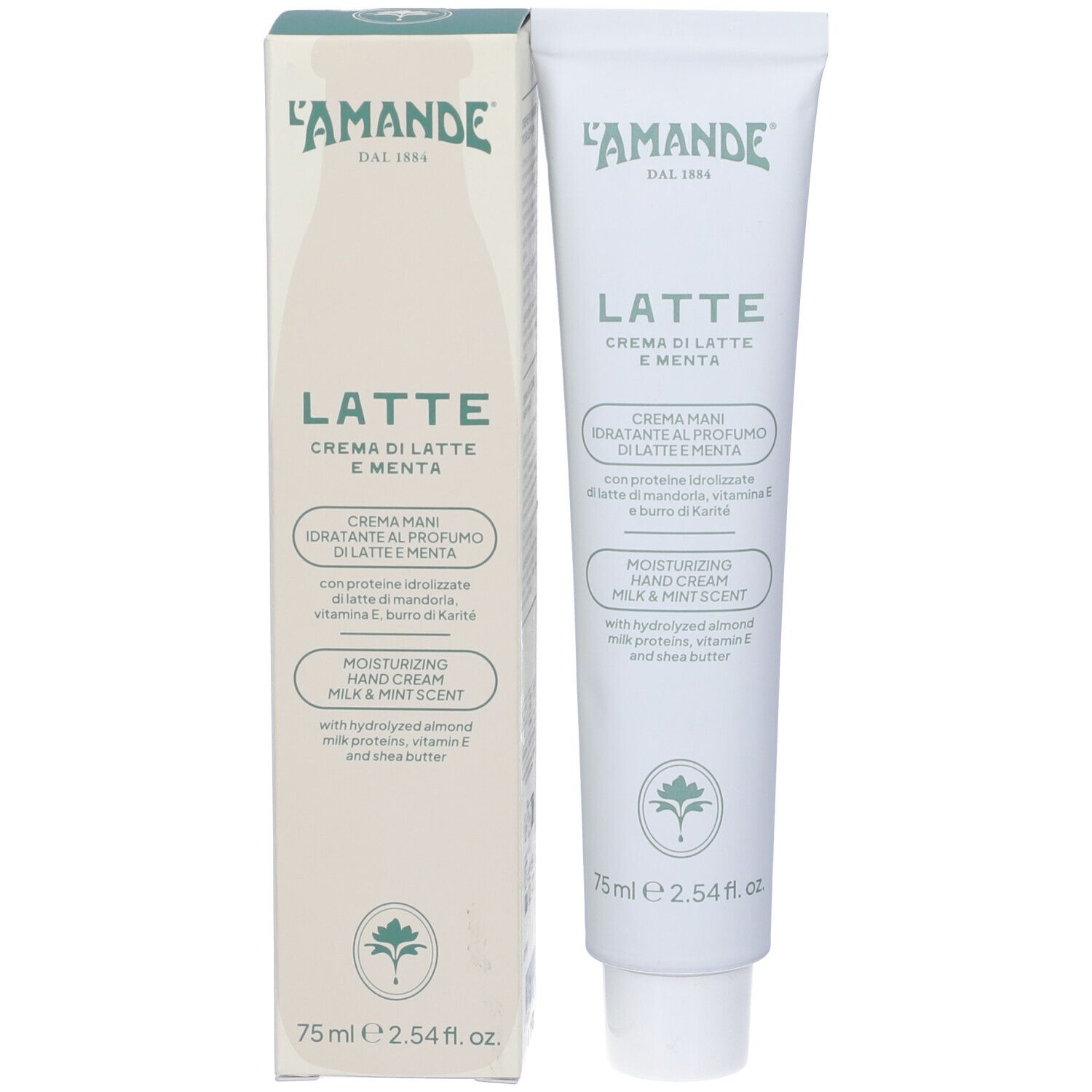 Tubo e scatola L'Amande Crema Mani Idratante Latte e Menta, 75ml.