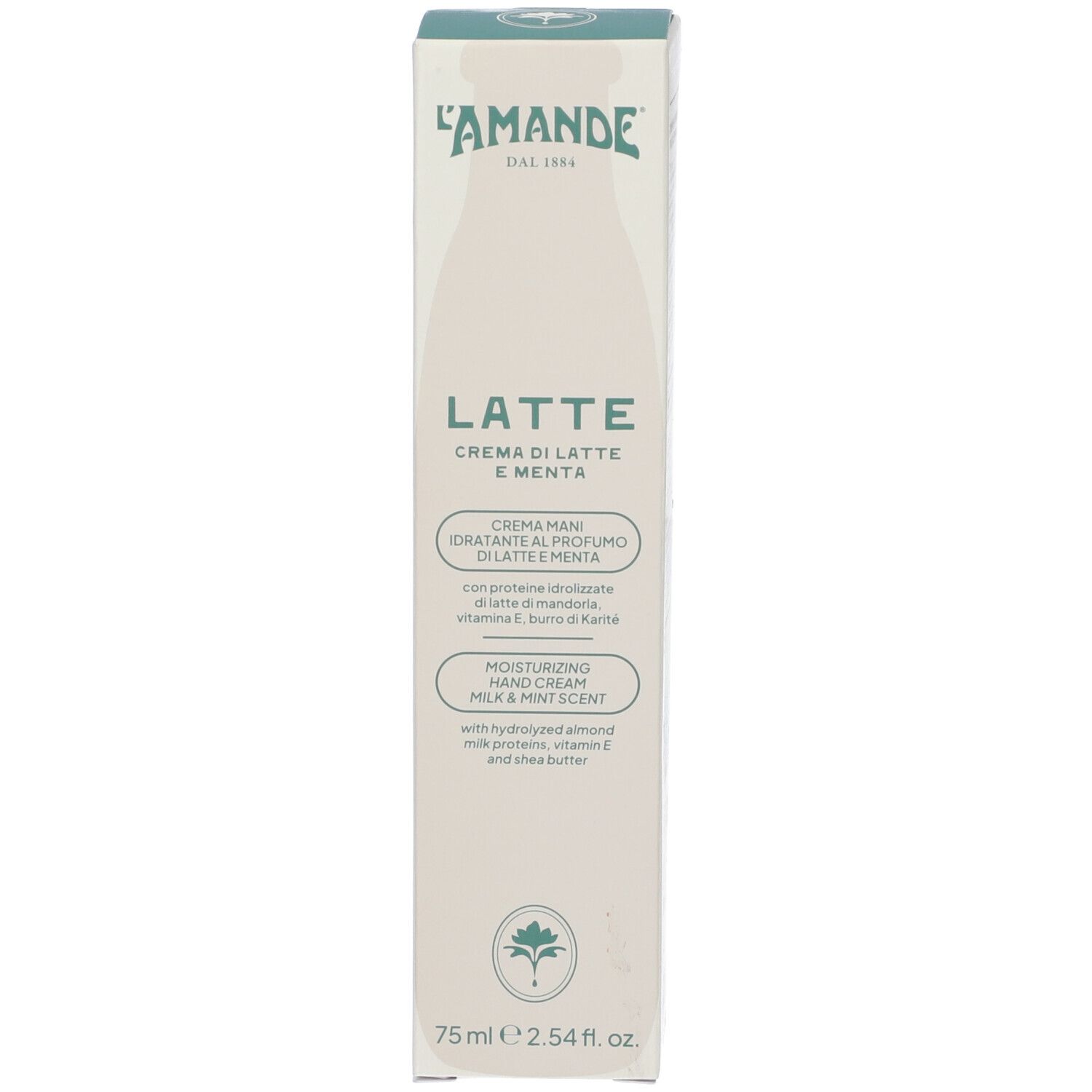 Confezione pieghevole per L'Amande Crema Mani Idratante Latte e Menta, 75ml.