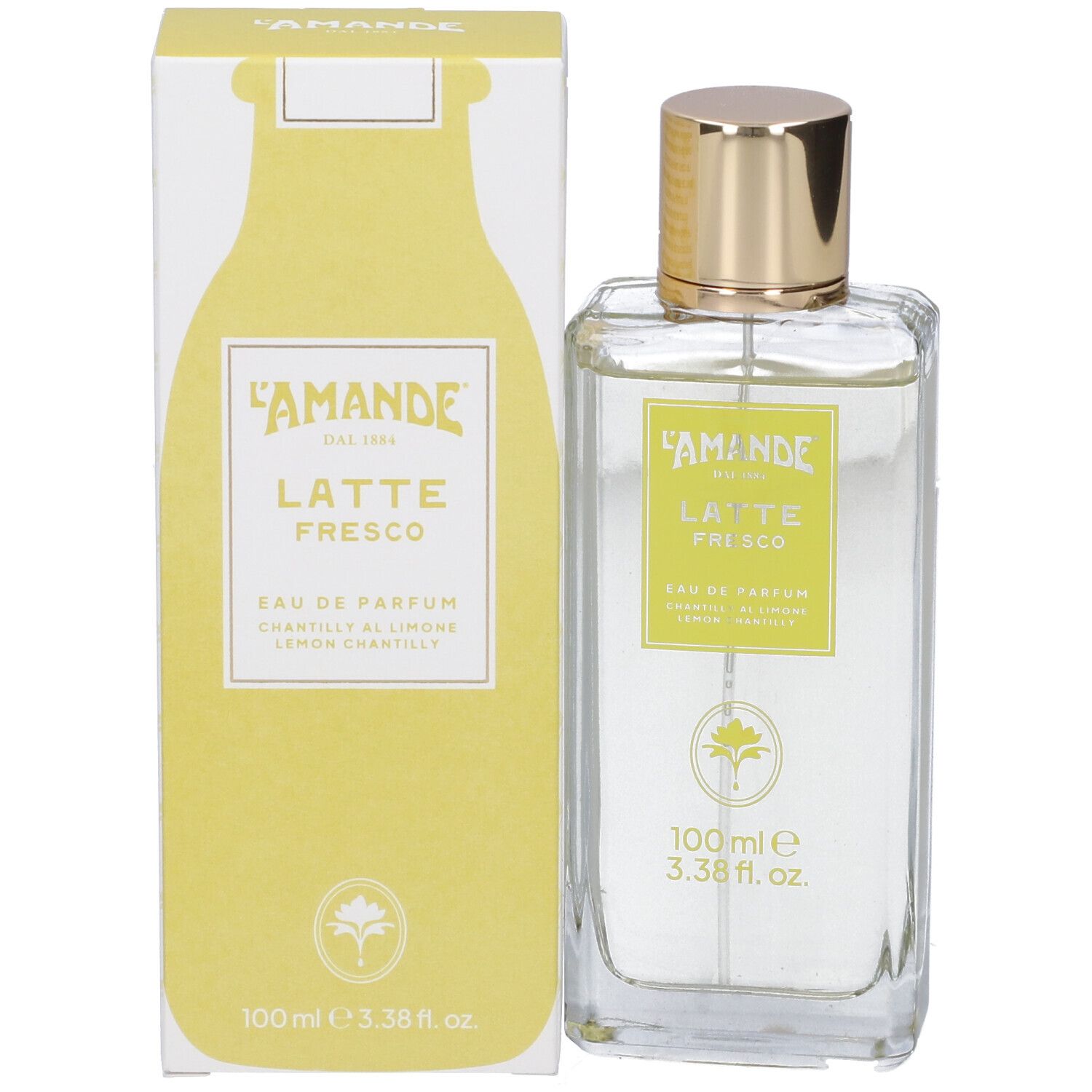 Flacone e scatola L'Amande Latte Fresco Eau de Parfum (100ml). Fragranza al limone.