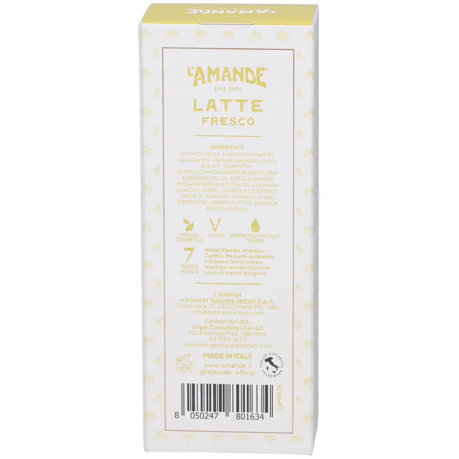 Confezione L'Amande Latte Fresco con ingredienti e codice a barre.