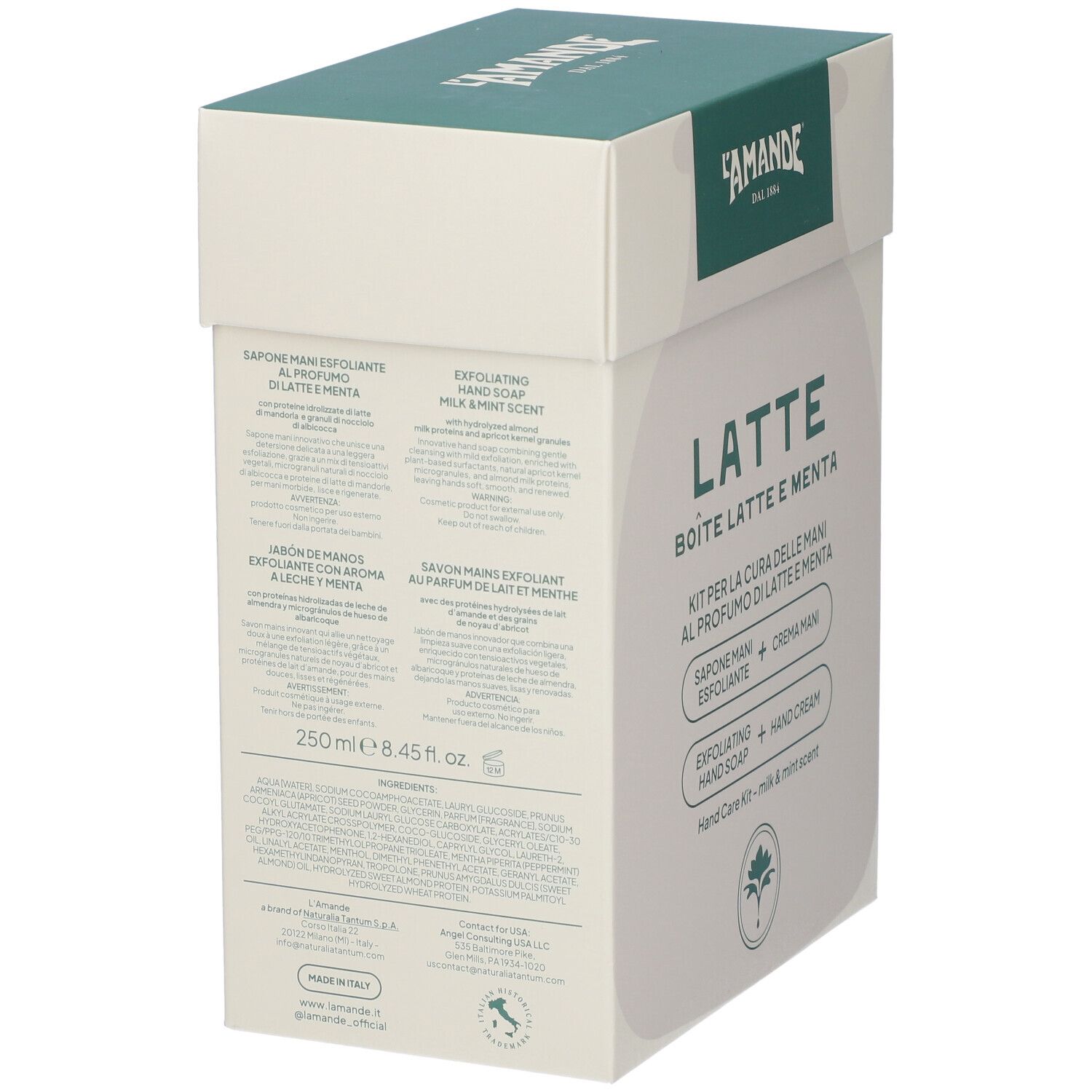 L'Amande Kit Cura Mani Latte & Menta. Retro con ingredienti e dimensioni (250ml).