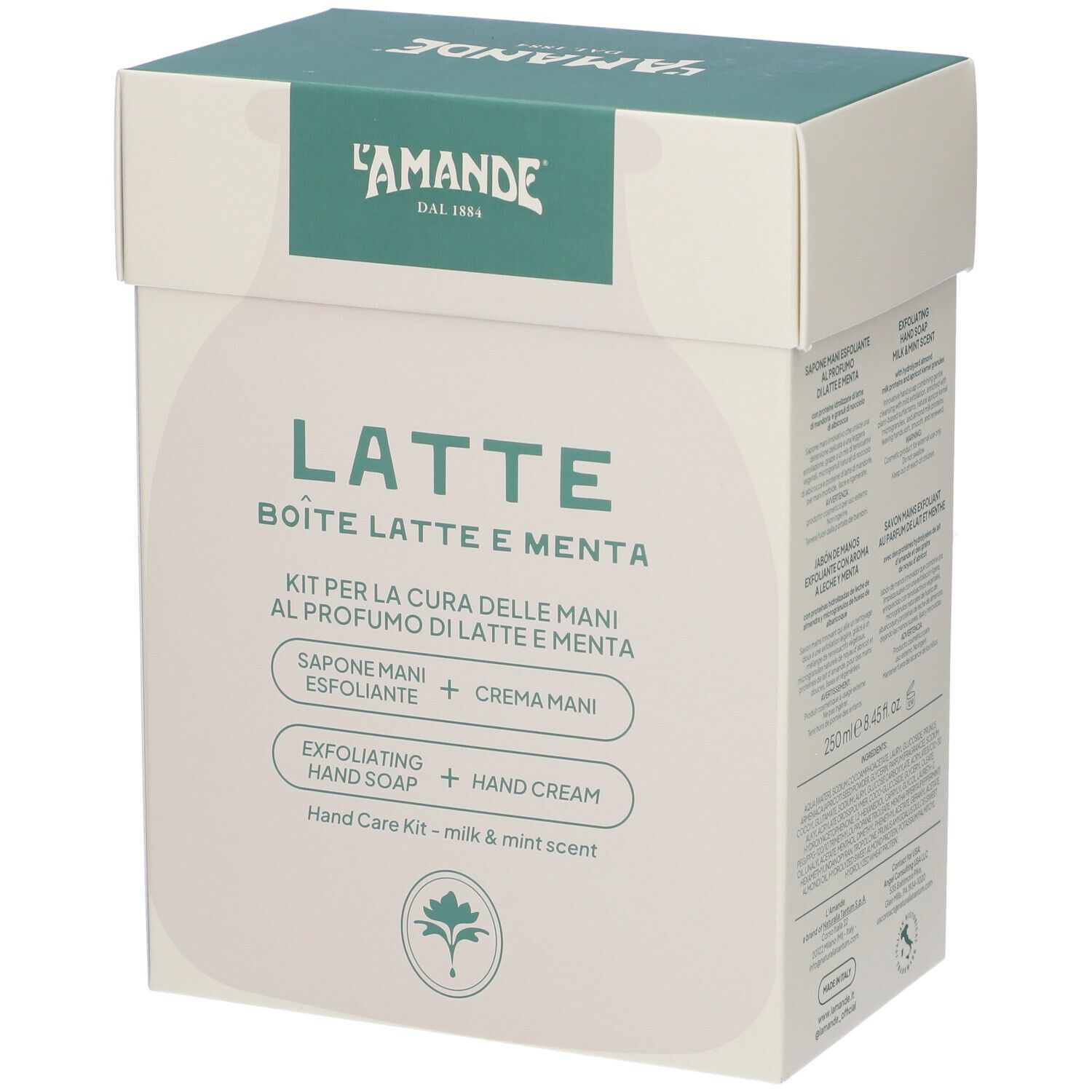 L'Amande Kit Cura Mani Latte & Menta. Contiene sapone esfoliante e crema mani.