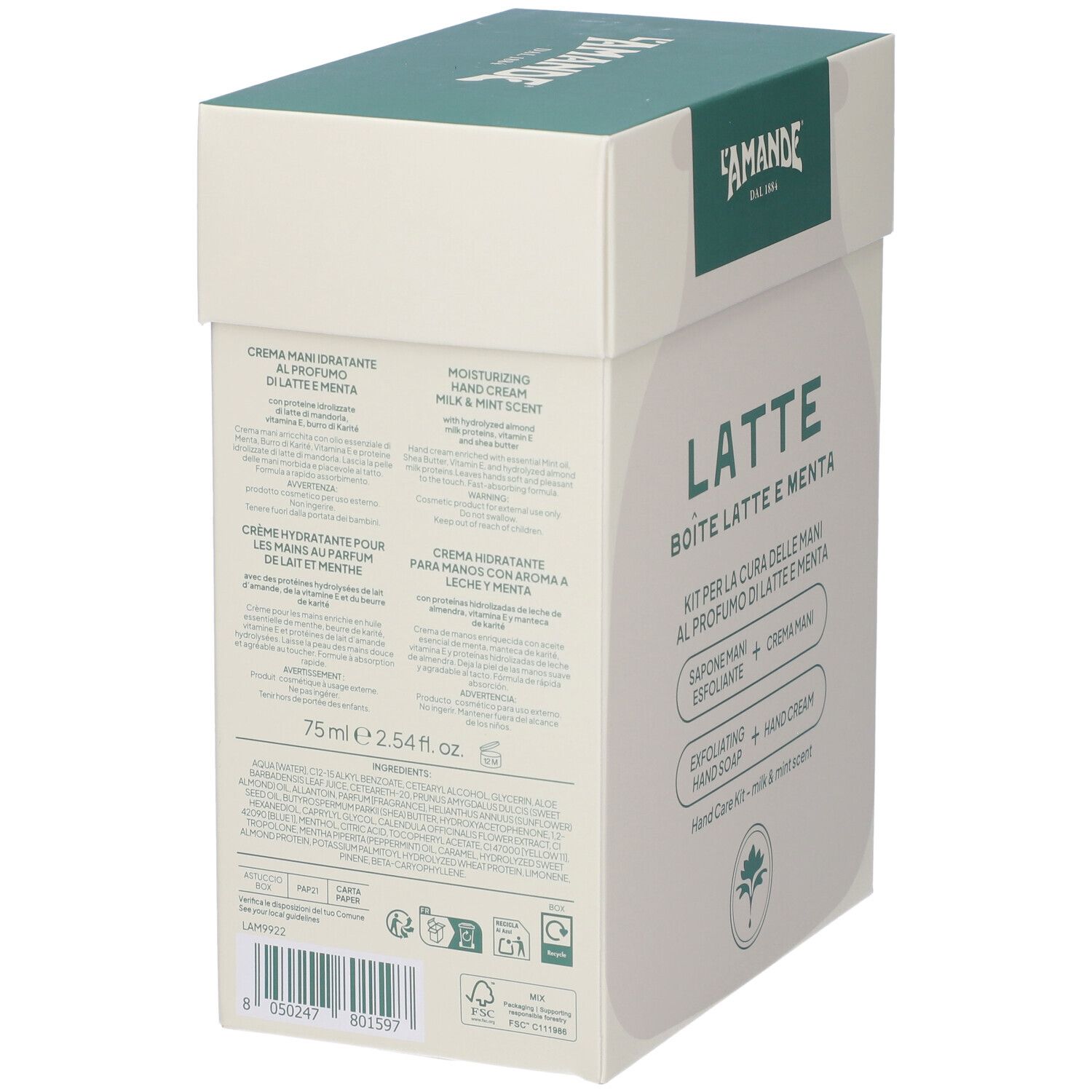 L'Amande Kit Cura Mani Latte & Menta. Retro con ingredienti e dimensioni (75ml).