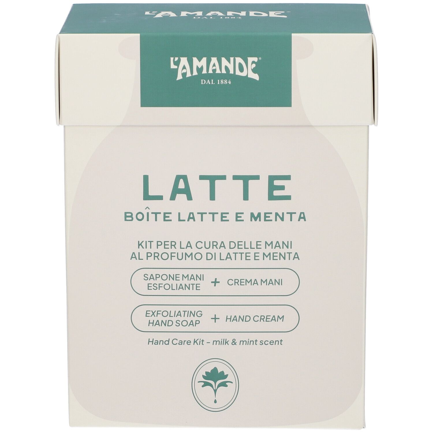 L'Amande Kit Cura Mani Latte & Menta. Contiene sapone esfoliante e crema mani.