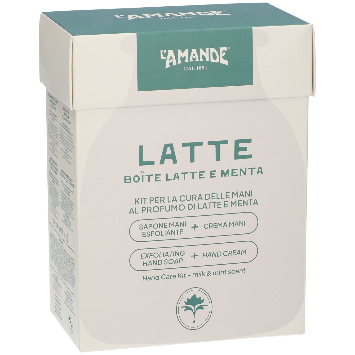 L'Amande Kit Cura Mani Latte & Menta. Contiene sapone esfoliante e crema mani.