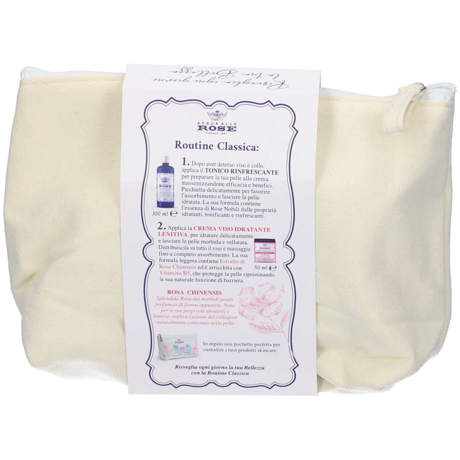 Pochette beige con informazioni sul prodotto. Contiene una bottiglia blu e un barattolo rosa. Testo: Acqua Alle Rose Routine Classica.