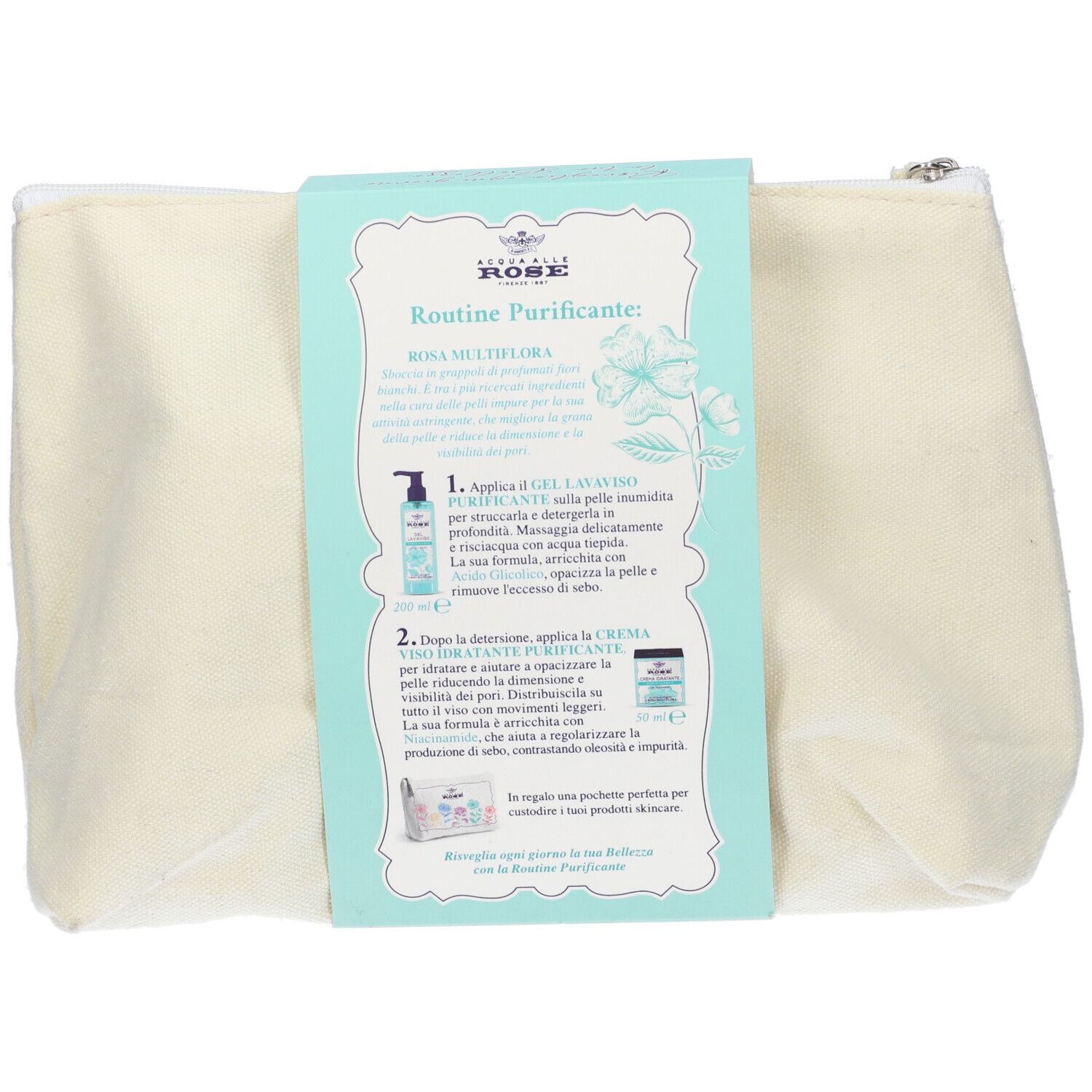 Beauty case con confezione prodotto. Contiene informazioni sull'uso di Gel Lavaviso e Crema Viso. Testo: Routine Purificante.