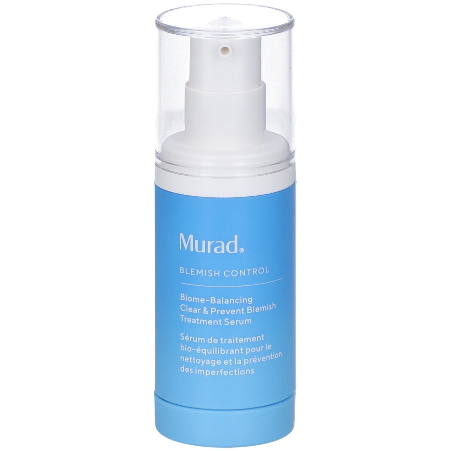 Flacone blu e bianco con dosatore. Scritta: Murad, Blemish Control, Siero. Tappo trasparente.