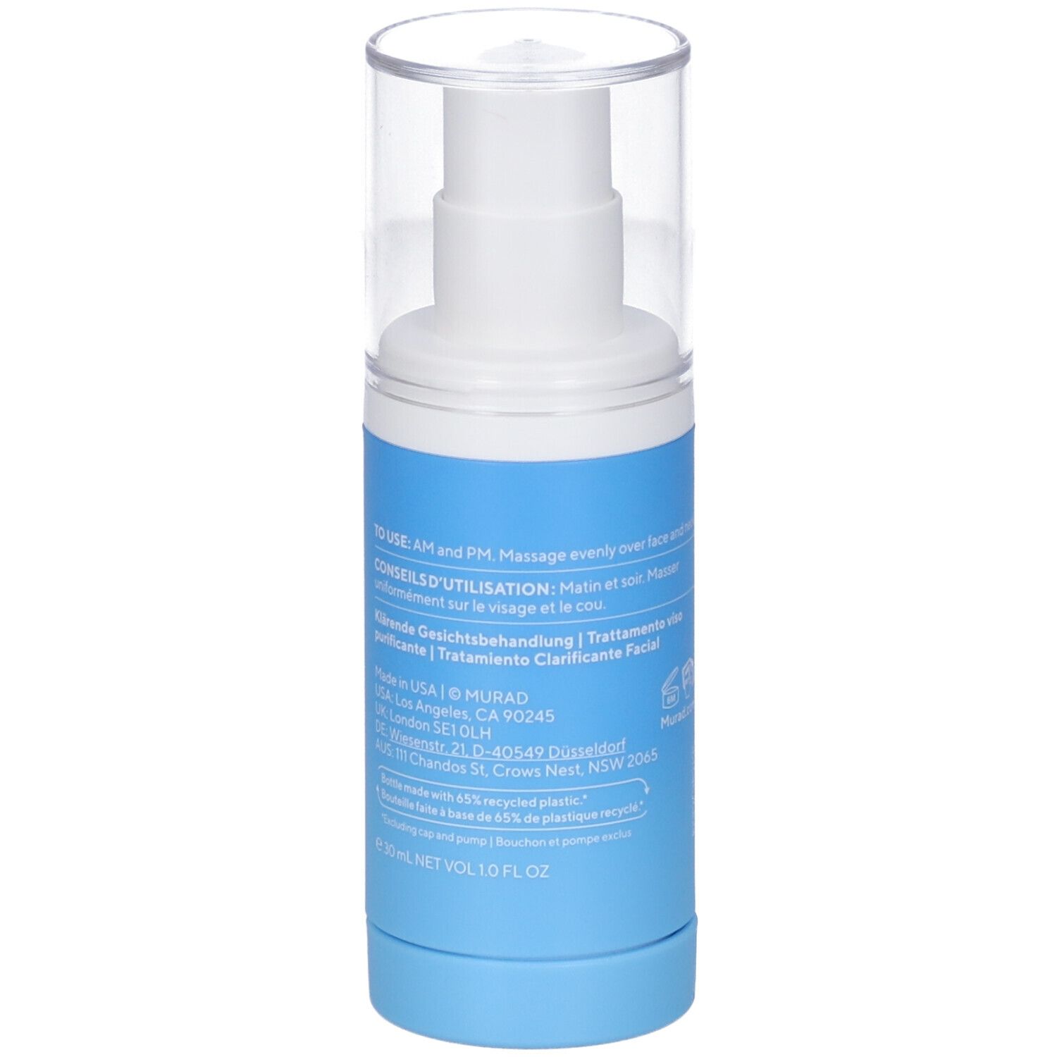 Retro del flacone. Scritta: Murad, Blemish Control, Siero. Testo multilingue.