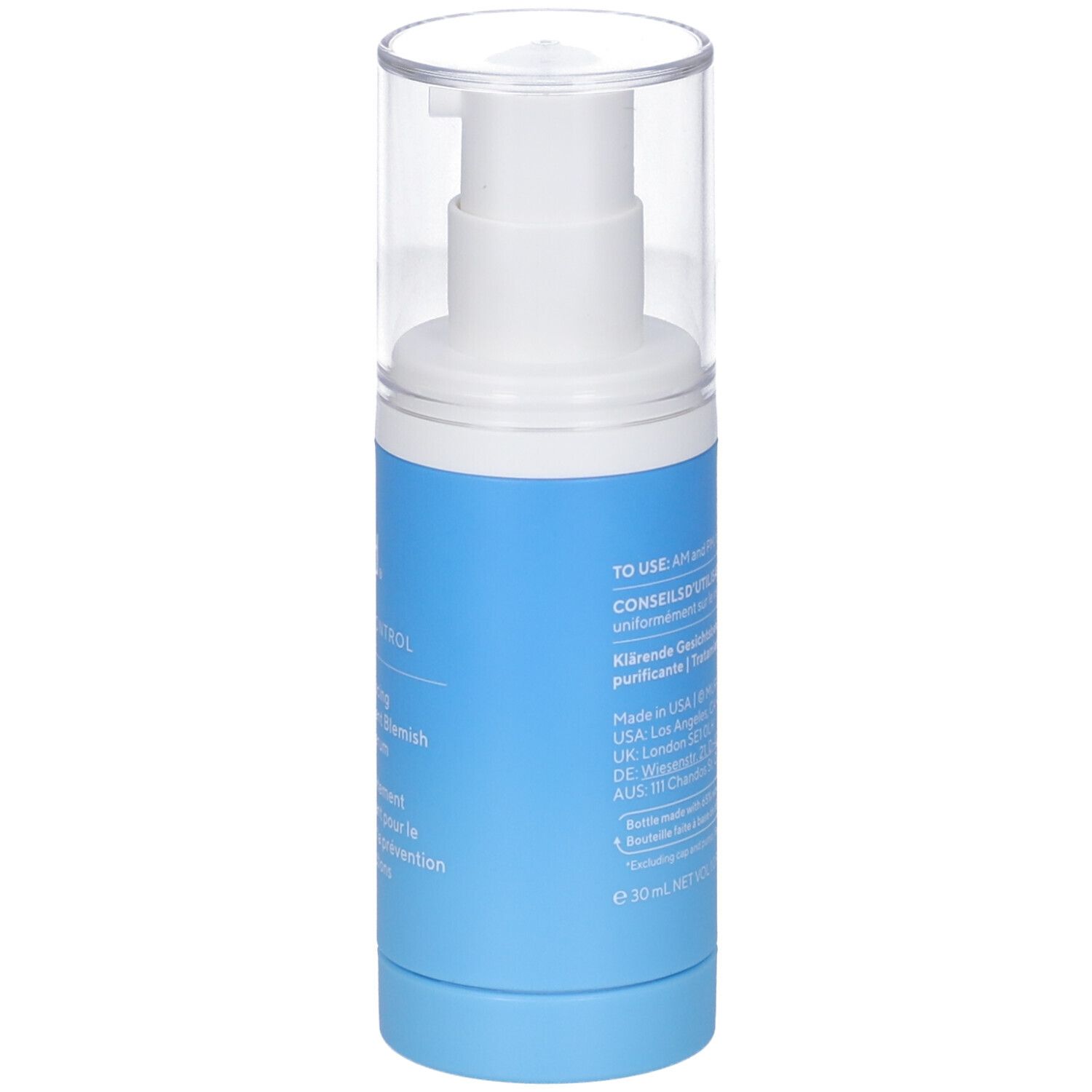 Flacone blu e bianco con dosatore. Scritta: Murad, Blemish Control, Siero. Tappo trasparente.