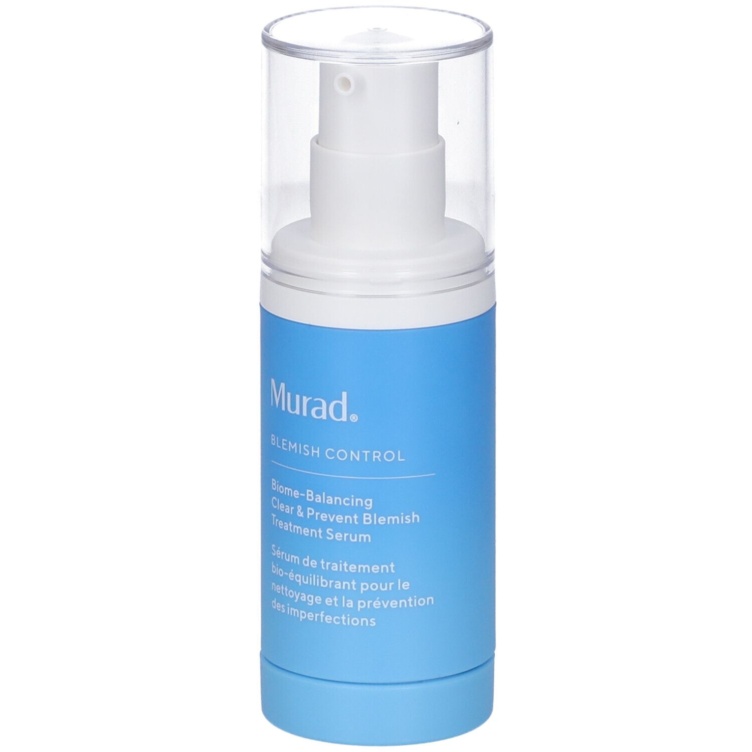 Flacone blu e bianco con dosatore. Scritta: Murad, Blemish Control, Siero. Tappo trasparente.