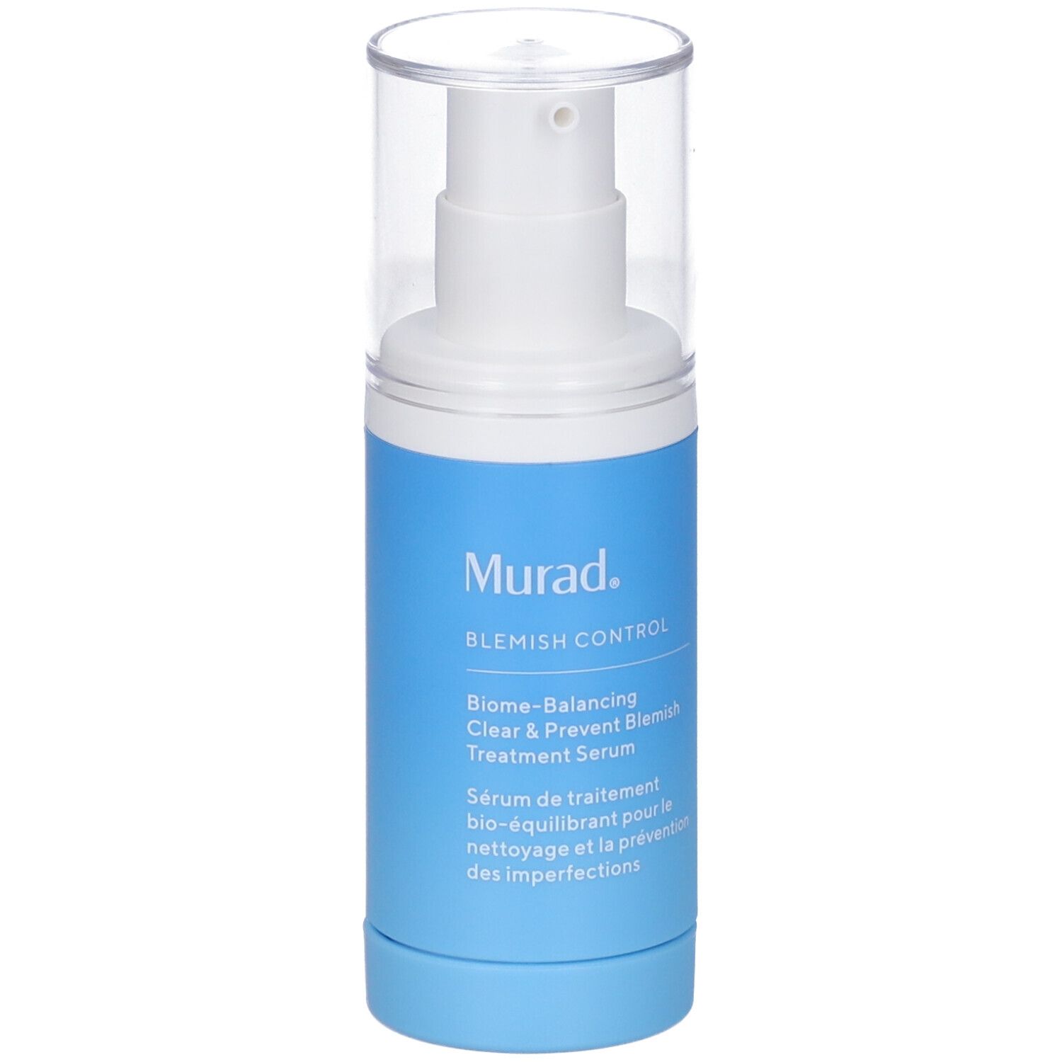 Flacone blu e bianco con dosatore. Scritta: Murad, Blemish Control, Siero. Tappo trasparente.