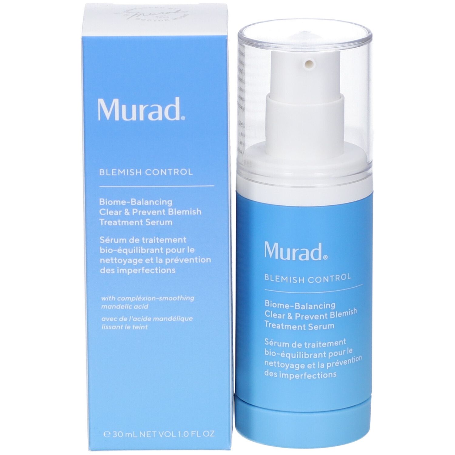 Prodotto e confezione. Flacone e scatola. Scritta: Murad, Blemish Control, Siero.