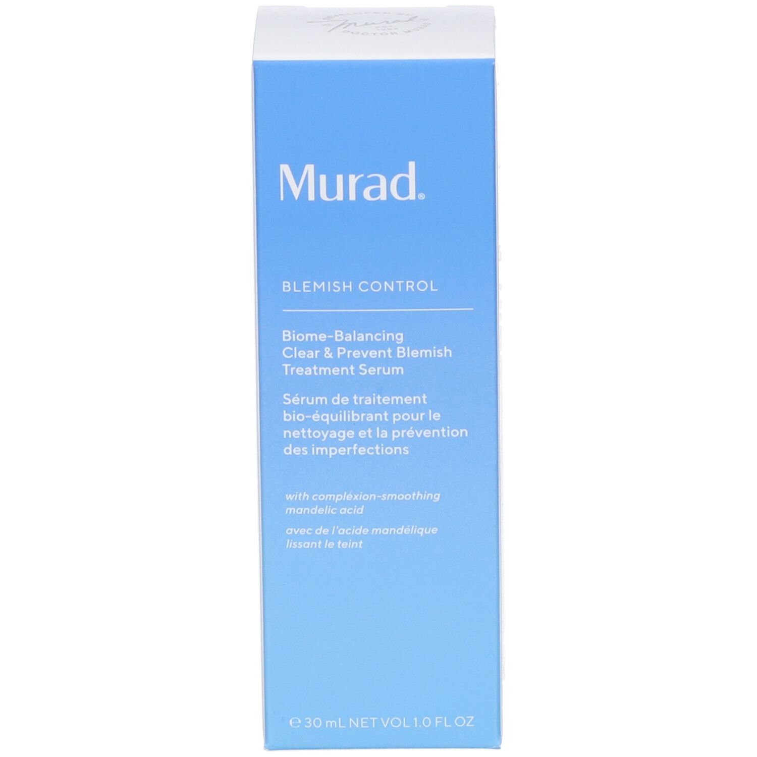 Scatola blu. Scritta: Murad, Blemish Control, Siero. Testo multilingue.