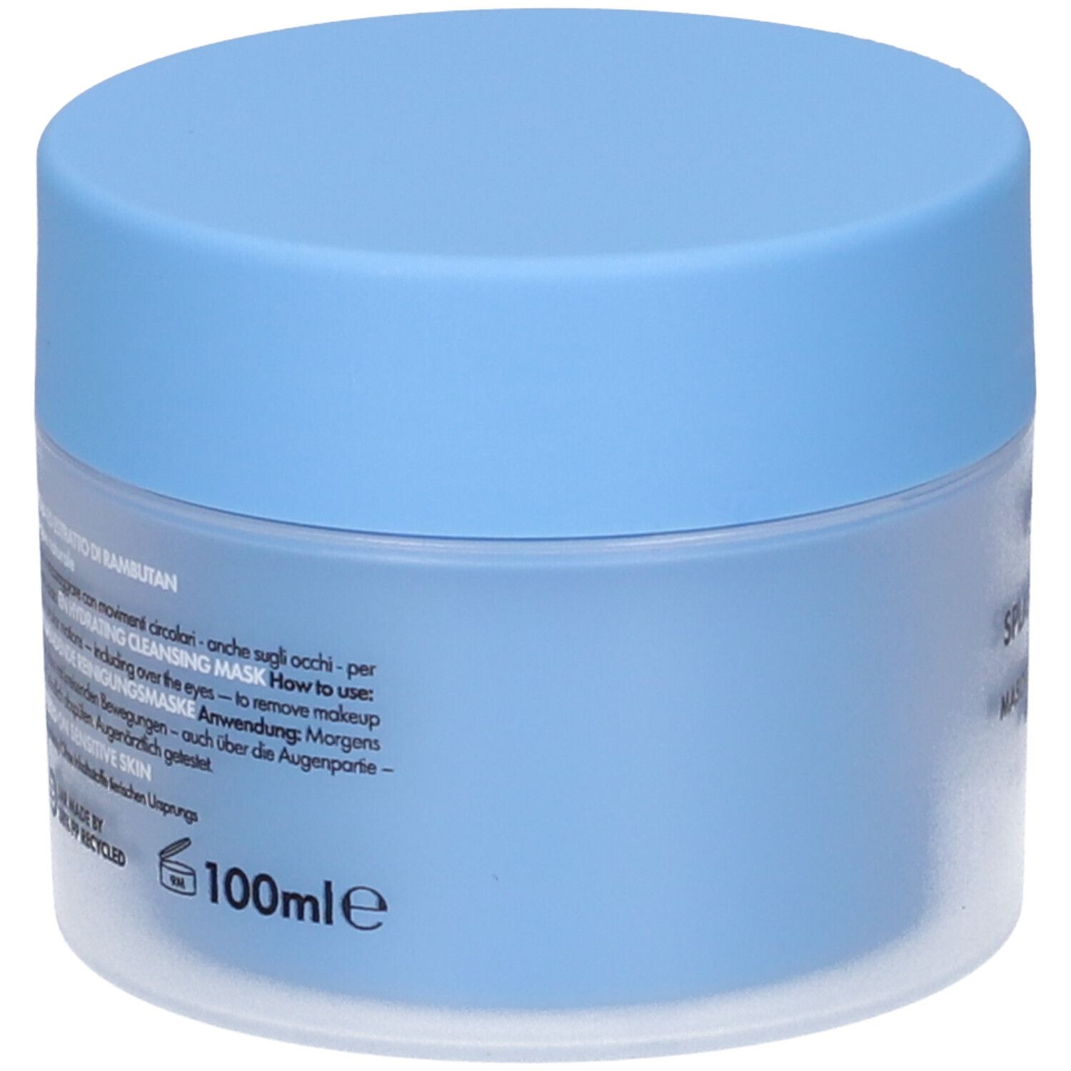 Barattolo blu chiaro. Scritta: 100ml. Testo multilingue. Informazioni sul prodotto sul retro.