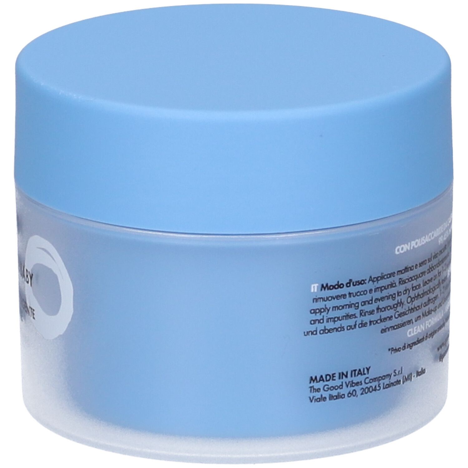 Barattolo blu chiaro. Testo multilingue. Scritta: Made in Italy. Grafica bianca.