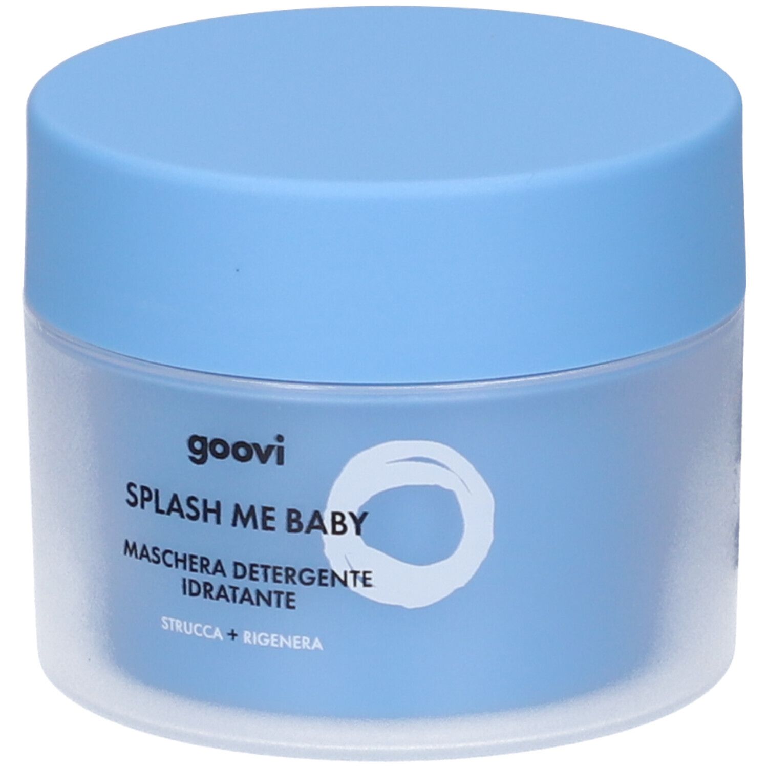 Barattolo blu chiaro con coperchio. Scritta: goovi, SPLASH ME BABY, MASCHERA DETERGENTE IDRATANTE. Grafica bianca.