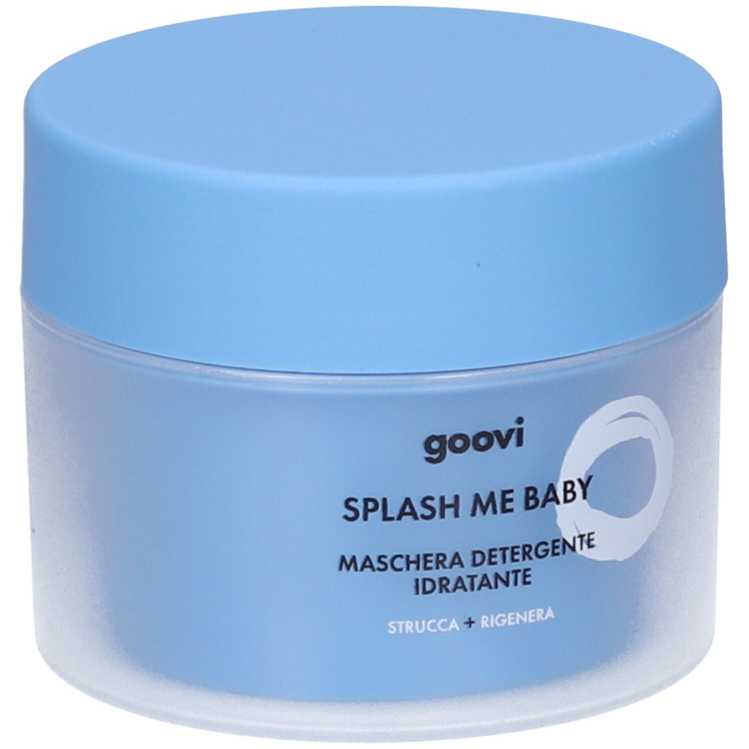 Barattolo blu chiaro con coperchio. Scritta: goovi, SPLASH ME BABY, MASCHERA DETERGENTE IDRATANTE. Grafica bianca.