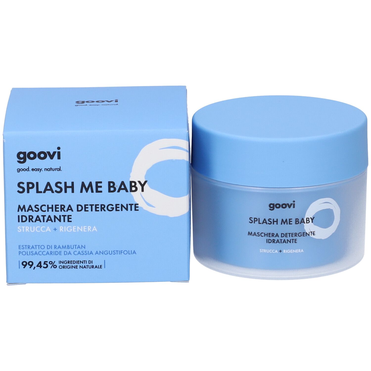 Barattolo e scatola blu chiari. Scritta: goovi, SPLASH ME BABY, MASCHERA DETERGENTE IDRATANTE. Testo.