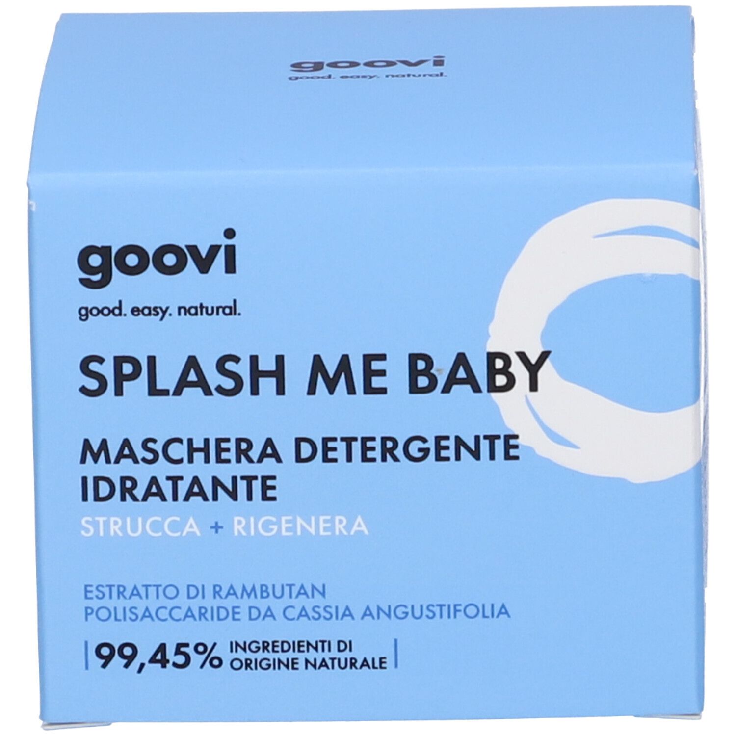 Scatola blu chiara. Scritta: goovi, SPLASH ME BABY, MASCHERA DETERGENTE IDRATANTE. Testo.