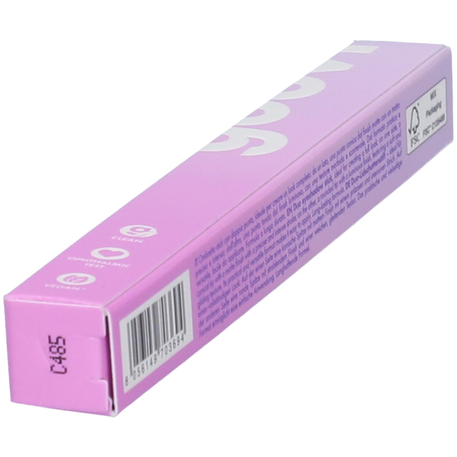 Confezione lilla con testo, codice a barre e logo FSC. Vista obliqua.