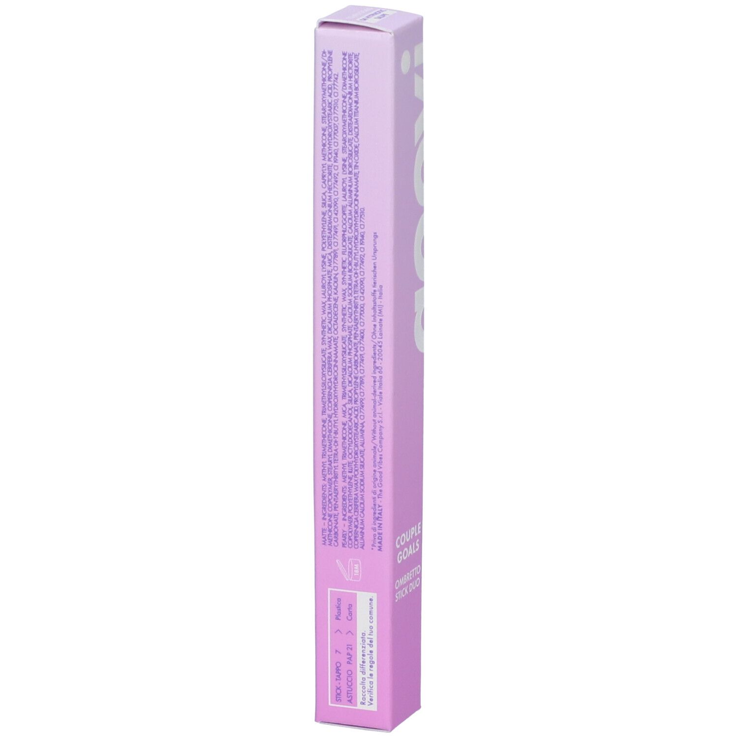 Confezione lilla con testo. Logo GOOVI in alto. Testo: COUPLE GOALS OMBRETTO STICK DUO. Retro con informazioni.