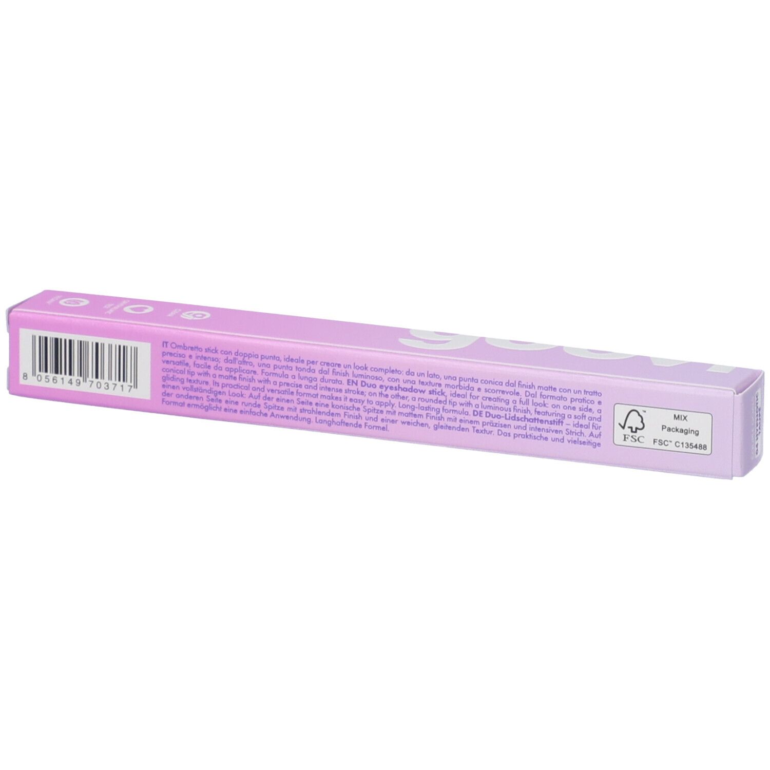 Confezione lilla con testo e codice a barre. Logo GOOVI. Testo: OMBRETTO STICK DUO. Certificazione FSC.