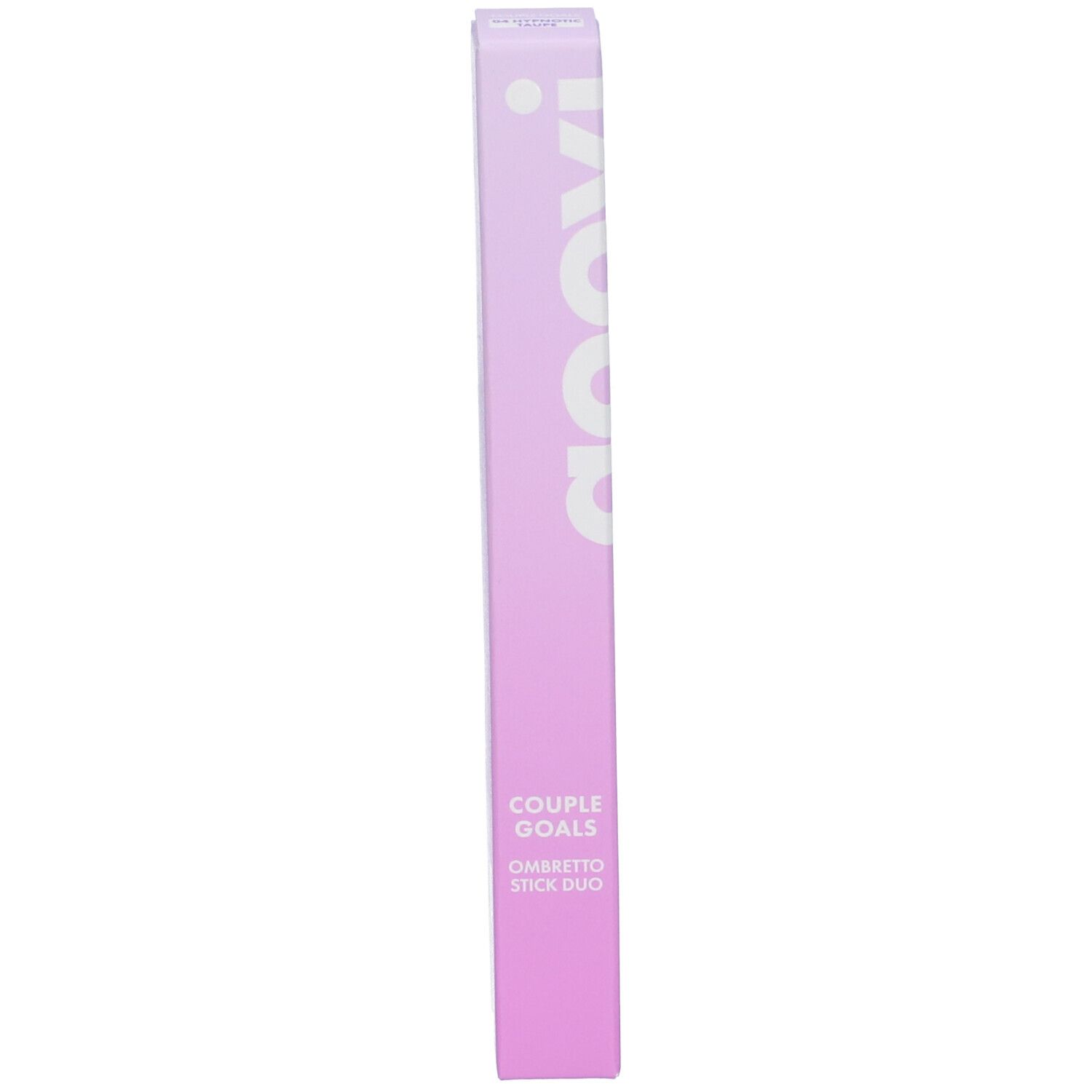 Confezione lilla con logo GOOVI bianco. Testo: COUPLE GOALS OMBRETTO STICK DUO 04. Forma lunga e sottile.