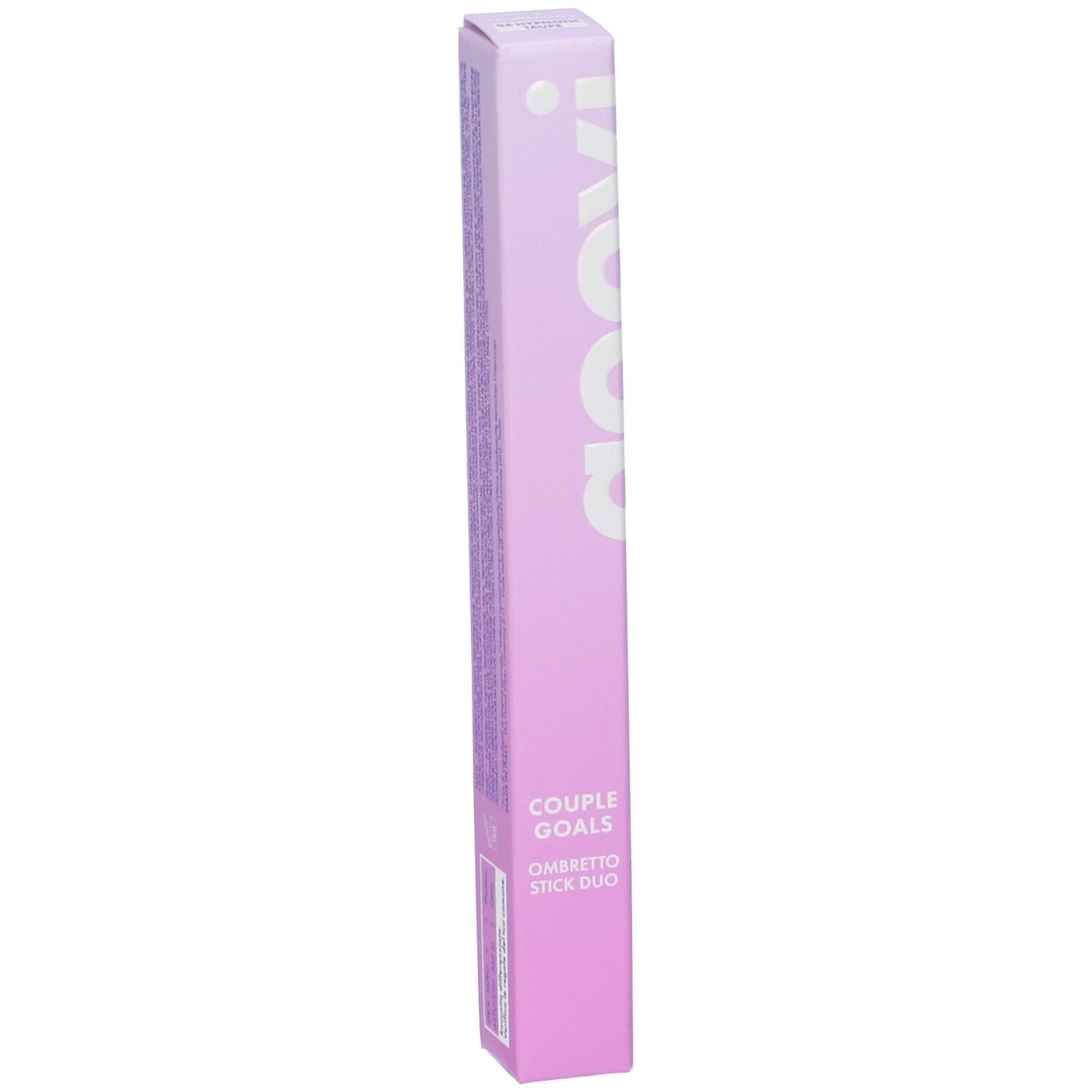 Confezione lilla con logo GOOVI bianco. Testo: COUPLE GOALS OMBRETTO STICK DUO. Forma lunga e sottile.