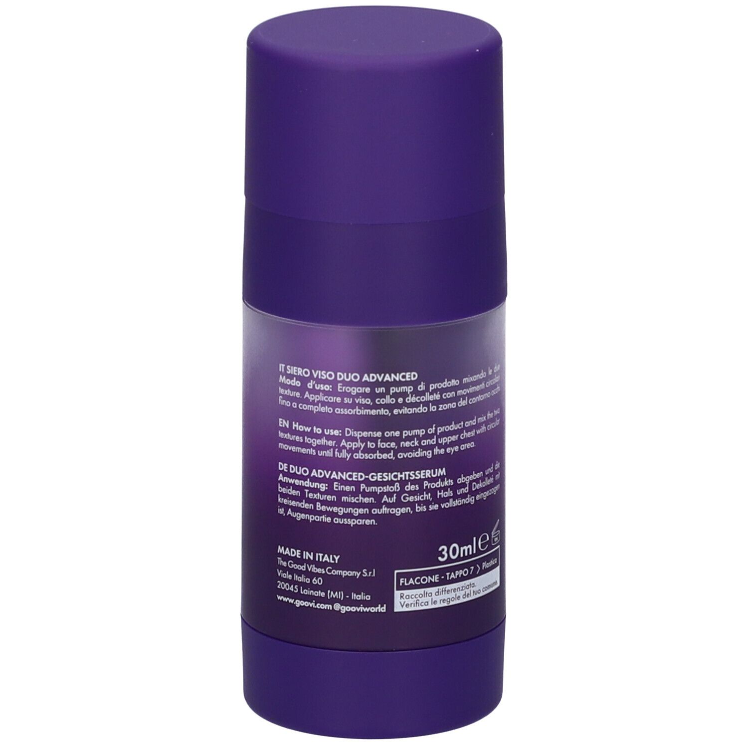 Retro del flacone di siero. Testo multilingue. Contiene informazioni sull'uso e sugli ingredienti.