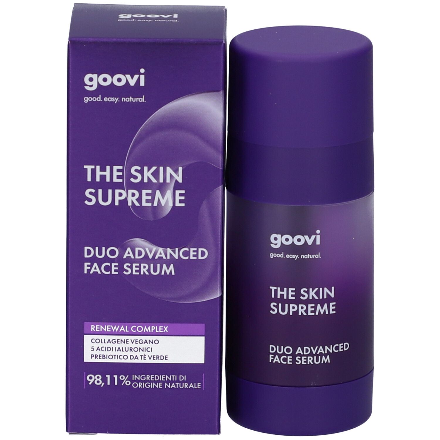 Flacone di siero e scatola. Scatola con scritta: GOOVI, THE SKIN SUPREME, DUO ADVANCED FACE SERUM. 98,11% ingredienti di origine naturale.