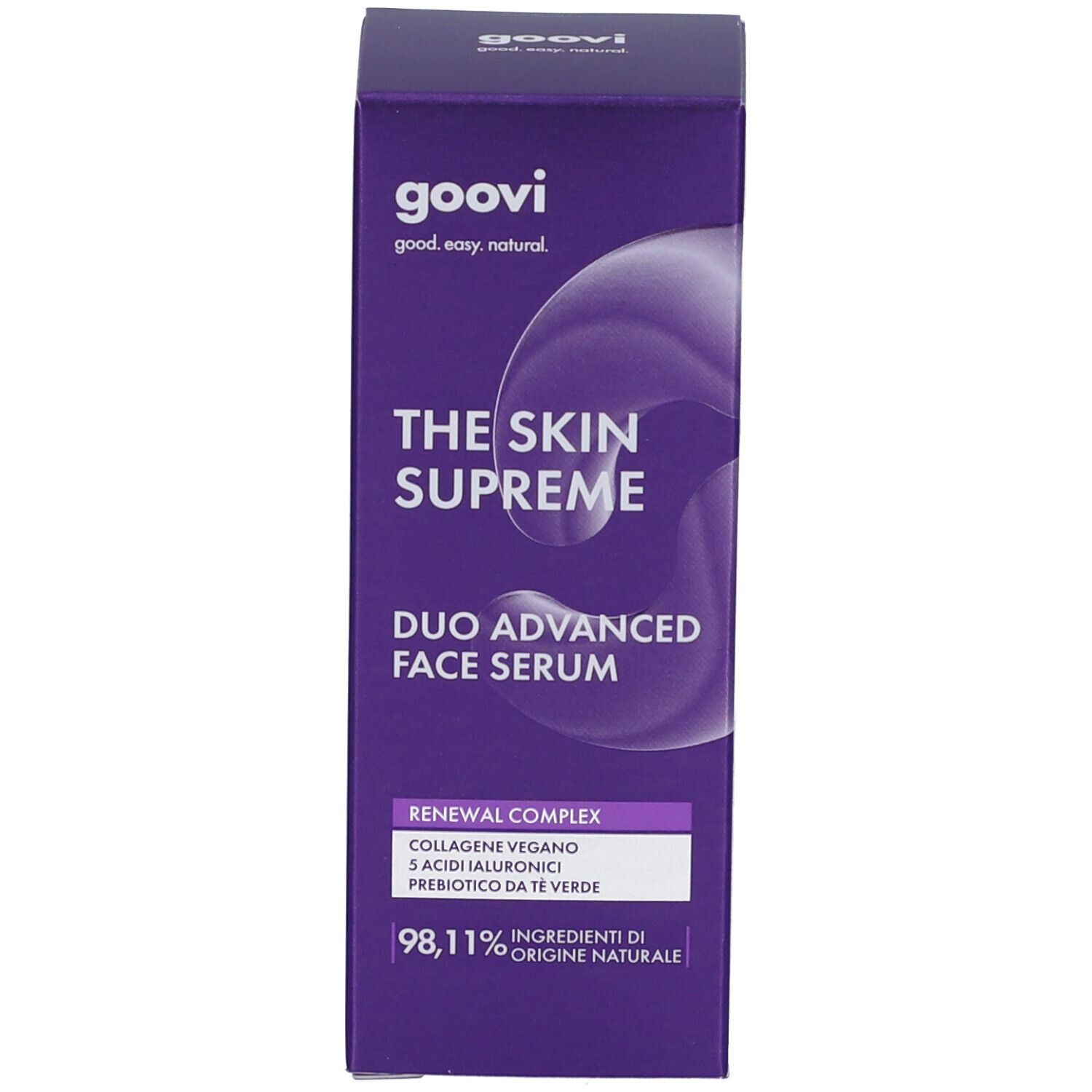 Scatola viola. Scritta: GOOVI, THE SKIN SUPREME, DUO ADVANCED FACE SERUM. Contiene informazioni sugli ingredienti e l'origine.