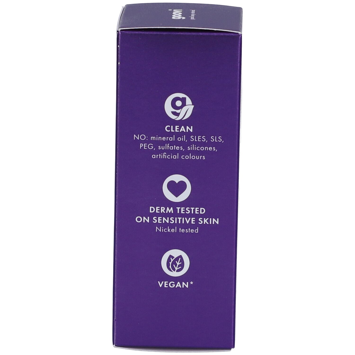Lato della scatola. Simboli per: Clean, Testato dermatologicamente, Vegano. Senza oli minerali, solfati, siliconi, coloranti artificiali.