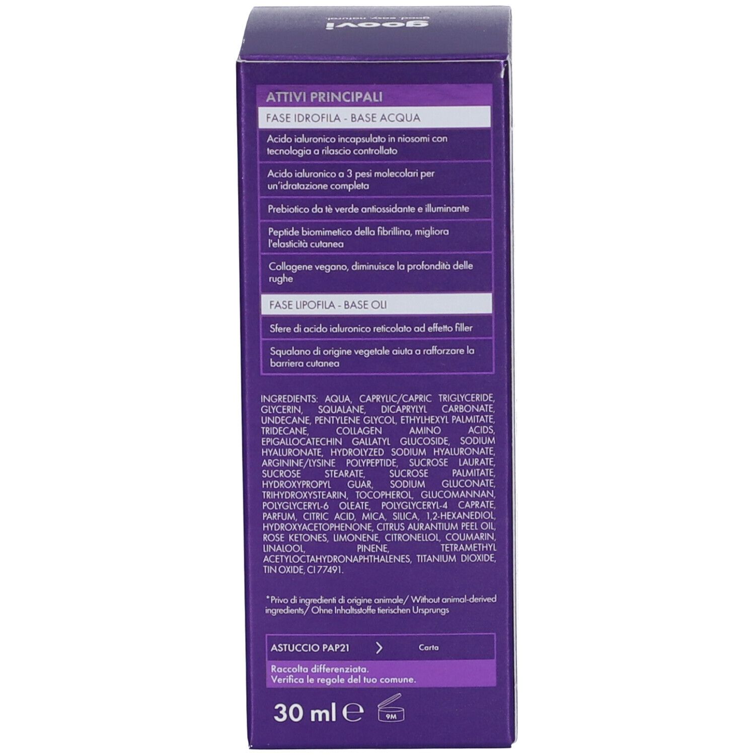 Retro della scatola. Elenco dei principali ingredienti attivi e ingredienti. 30 ml.