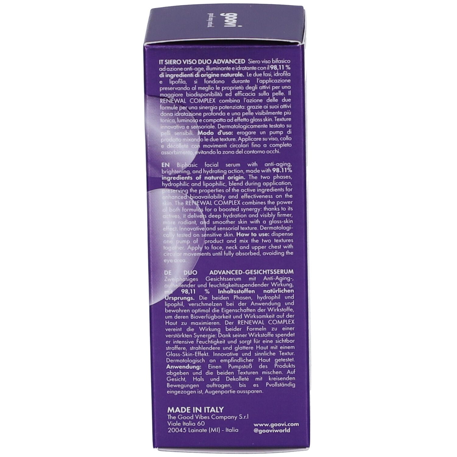 Retro della scatola. Descrizioni in più lingue. Informazioni sul prodotto e sul suo utilizzo.