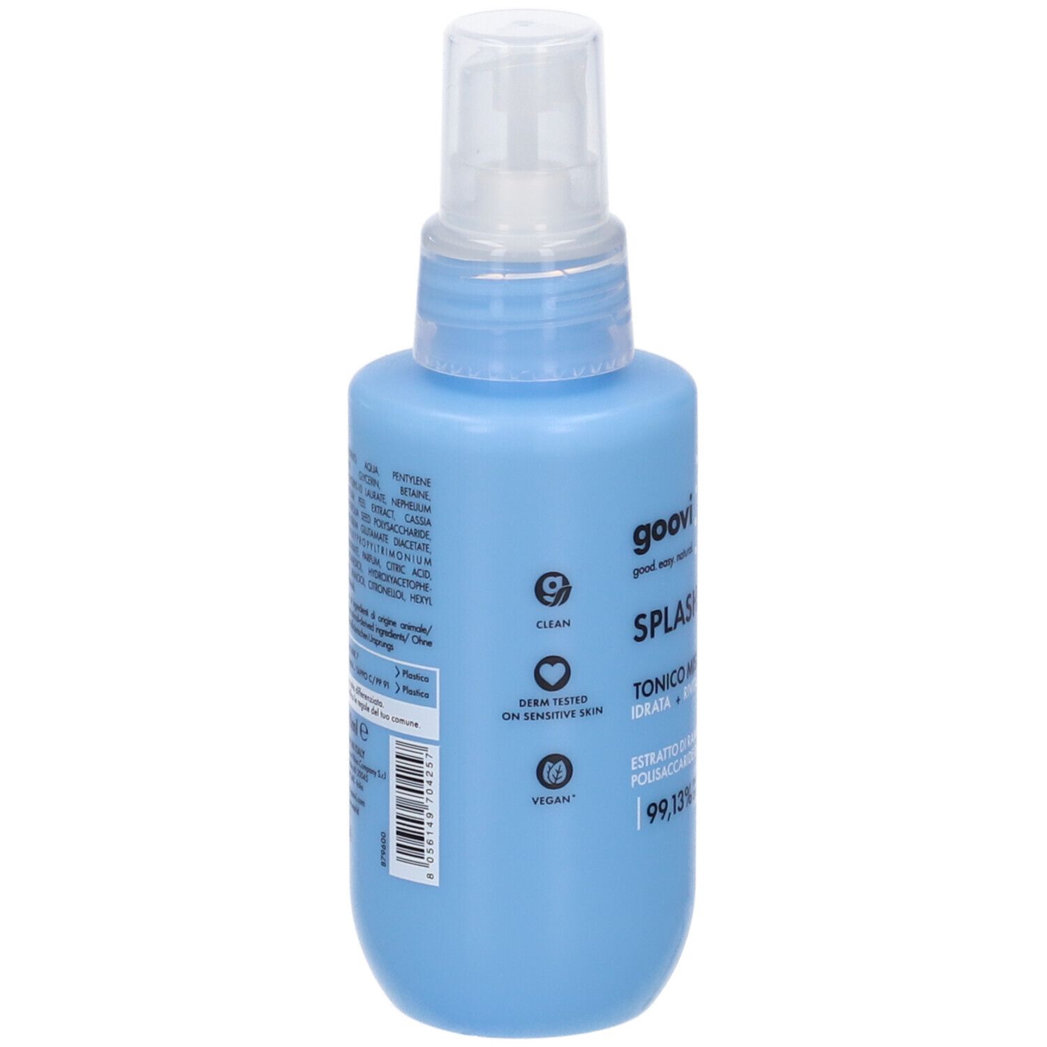 Vista posteriore di un flacone spray blu chiaro. Scritta: SPLASH ME BABY TONICO MIST. Testo con ingredienti e certificazioni. Logo GOOVI.
