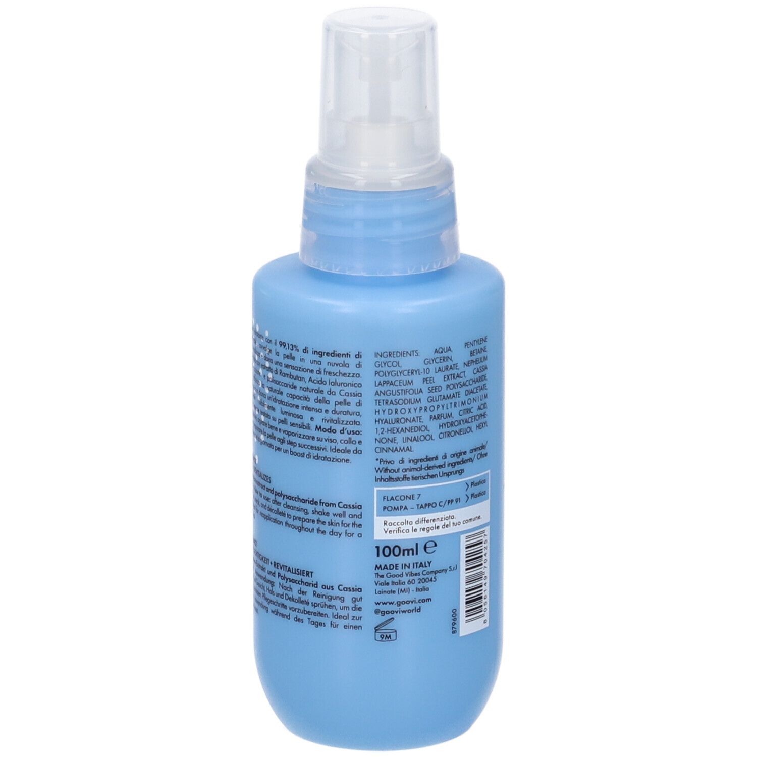 Vista posteriore di un flacone spray blu chiaro. Testo con ingredienti, istruzioni per l'uso e informazioni sul produttore. 100 ml.