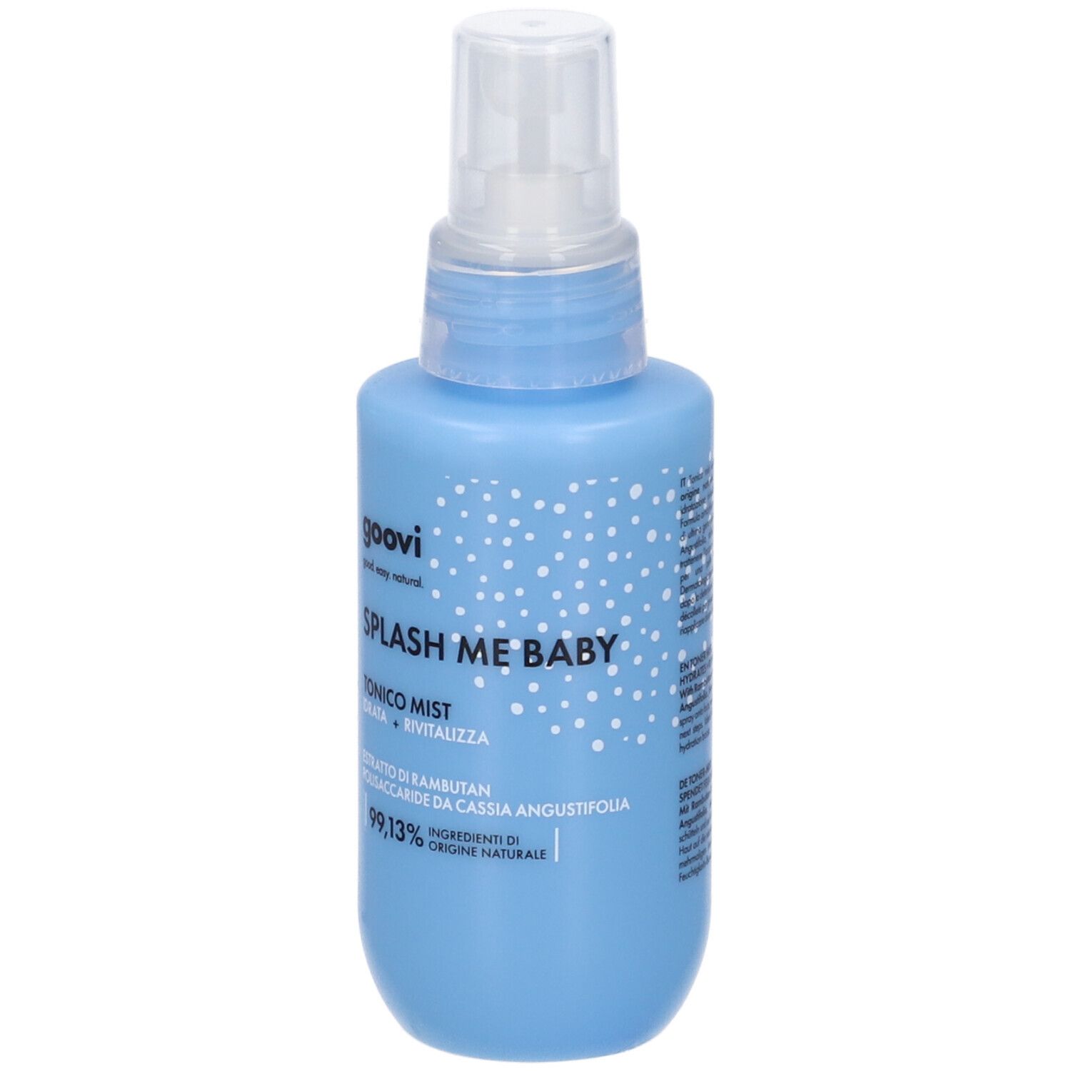 Flacone spray blu chiaro con erogatore trasparente. Scritta: SPLASH ME BABY TONICO MIST. Logo GOOVI. 99,13% ingredienti di origine naturale.