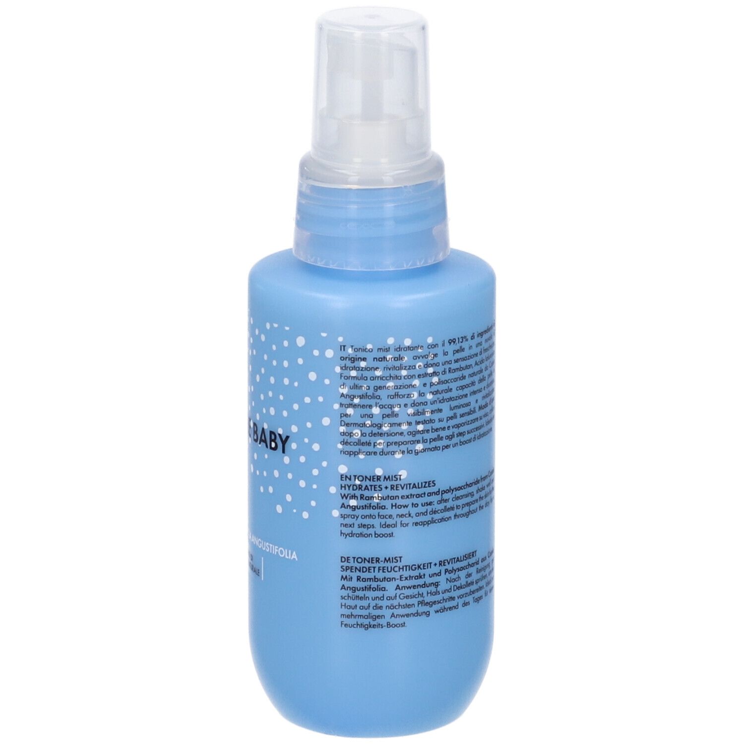 Vista posteriore di un flacone spray blu chiaro. Testo con ingredienti, istruzioni per l'uso e informazioni sul produttore. Logo GOOVI.