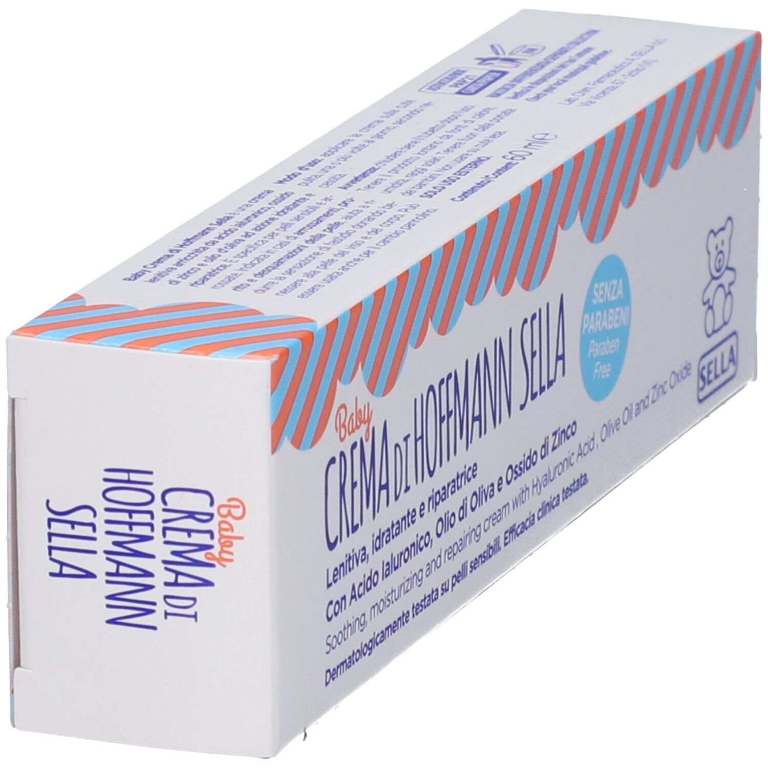 Confezione del prodotto bianca inclinata con scritta Baby Crema di Hoffmann Sella. Contiene testo in italiano.