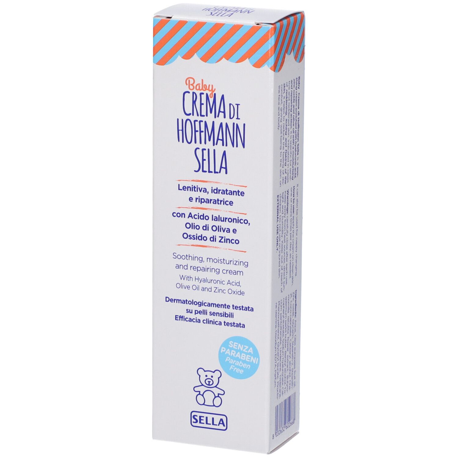 Confezione del prodotto bianca in piedi con scritta Baby Crema di Hoffmann Sella. Contiene testo in italiano.