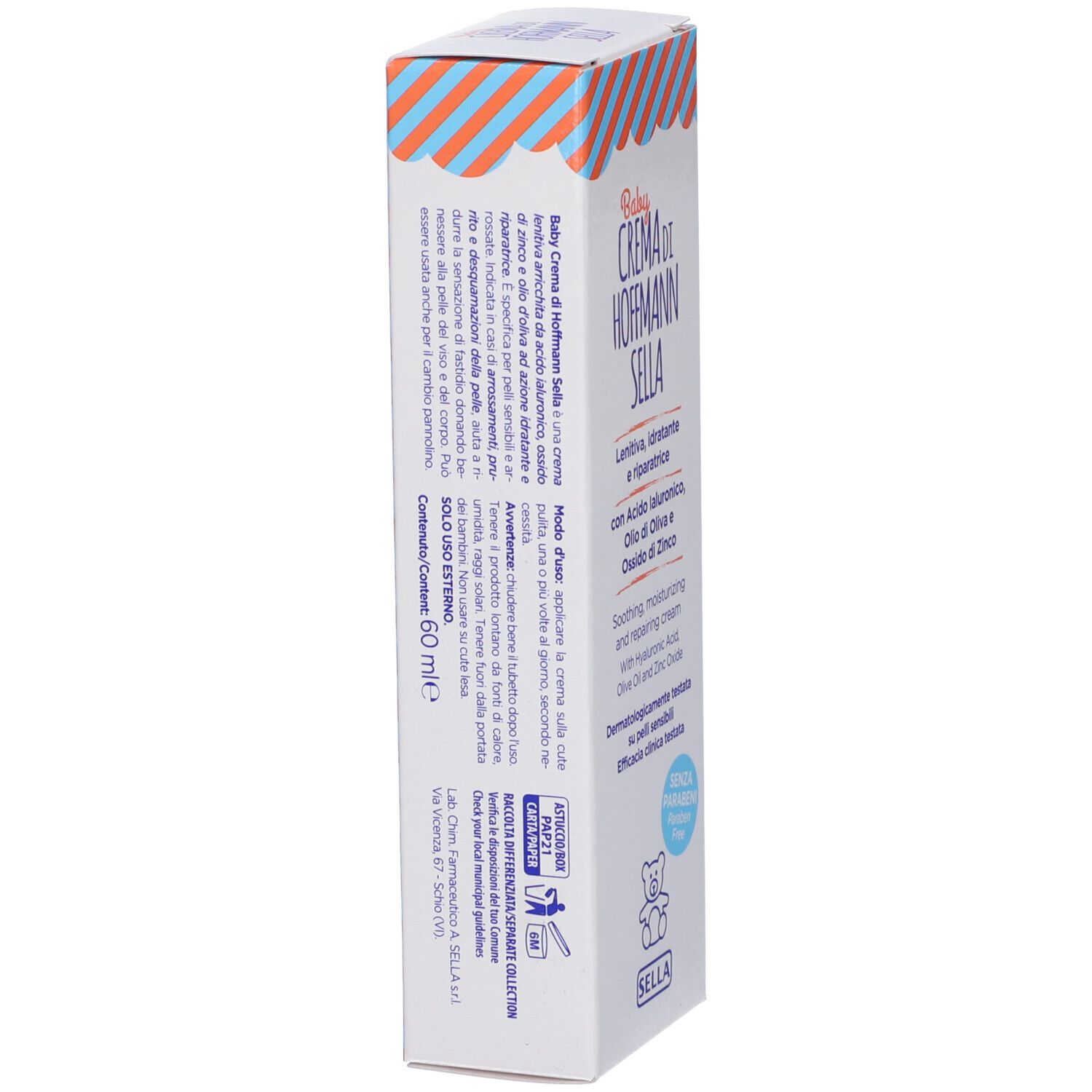 Confezione del prodotto bianca con testo in italiano. Contiene informazioni sugli ingredienti e il produttore.