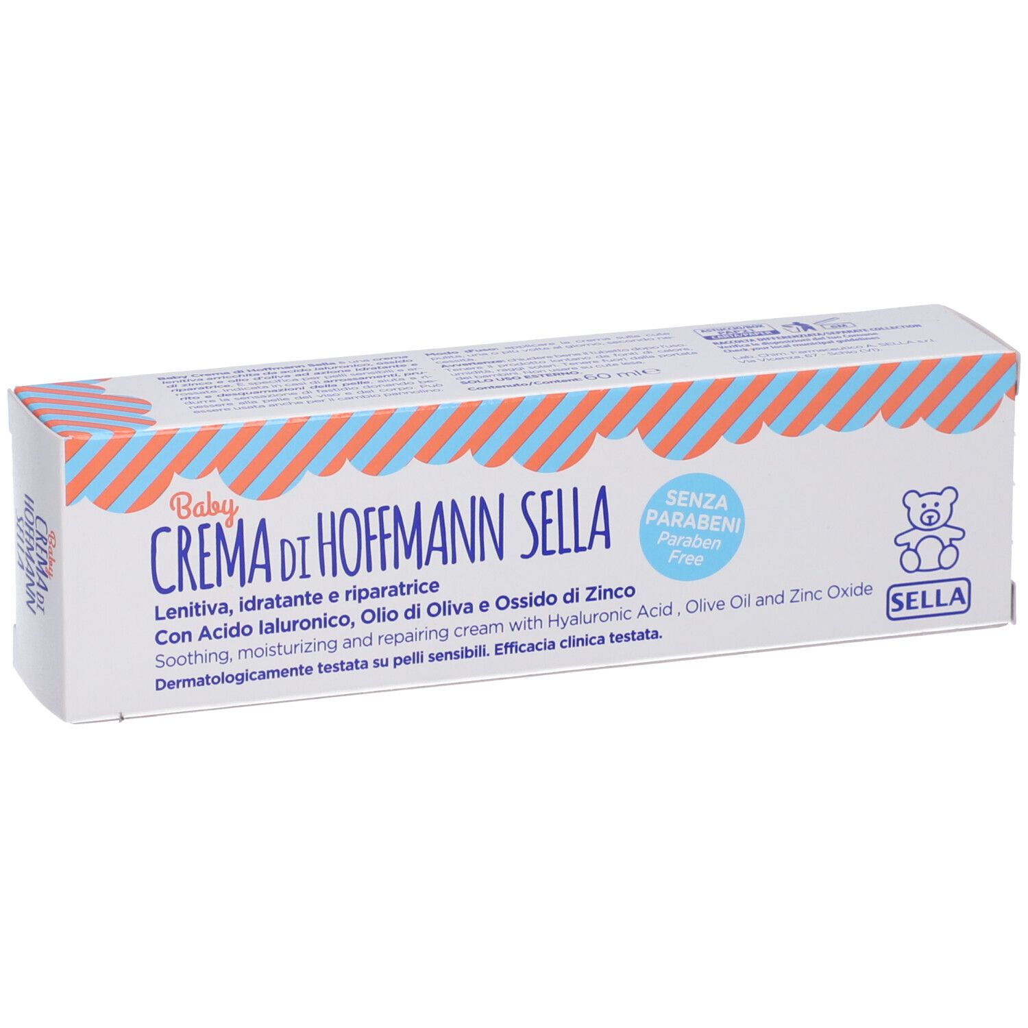 Confezione del prodotto bianca con scritta Baby Crema di Hoffmann Sella. Contiene testo in italiano e il logo "Senza Parabeni".