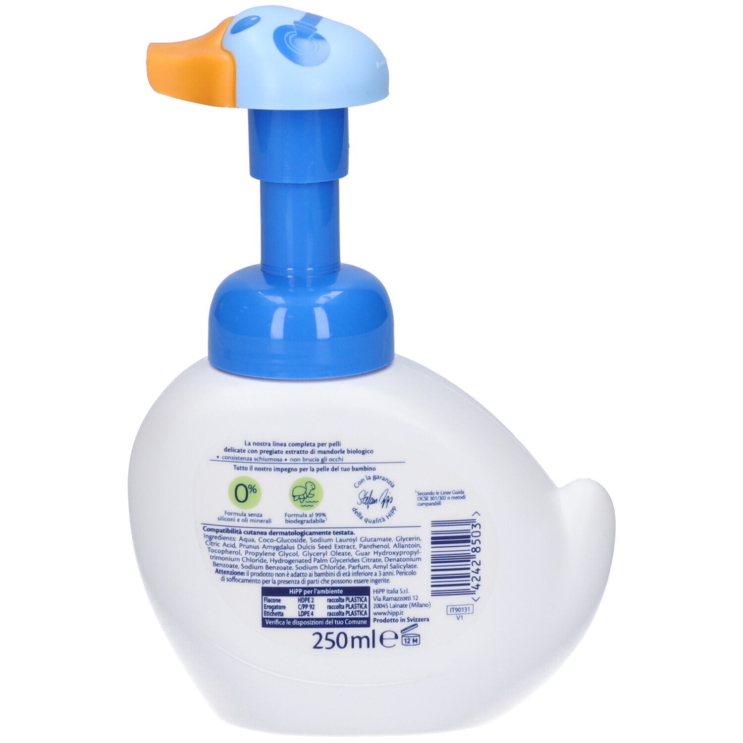 Retro del flacone a forma di anatra bianca. Pompa blu. Scritta: Hipp Baby Care. Con ingredienti e indicazione del volume 250ml.