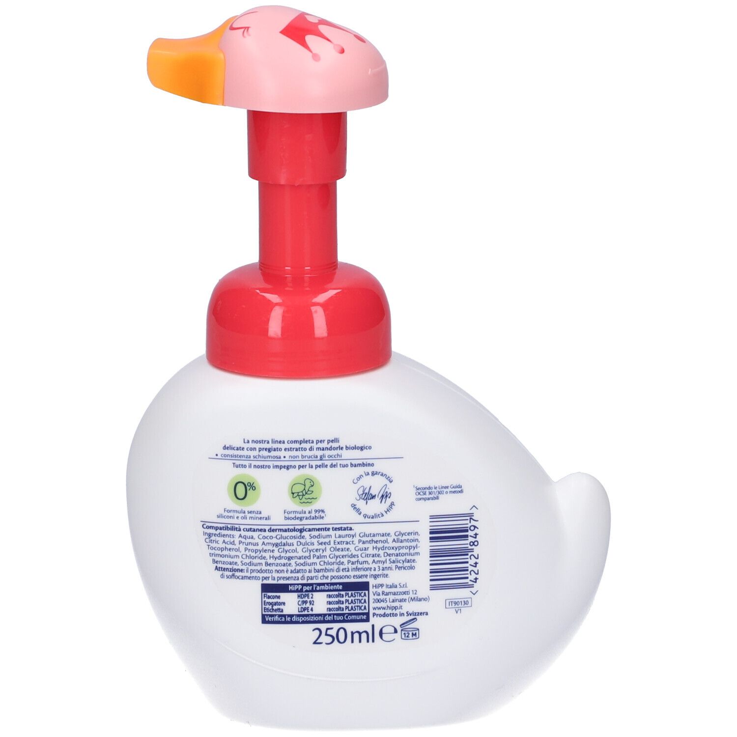 Dispenser bianco a forma di anatra con pompa rosa e rossa. Retro con testo e codice a barre. Scritta: 250ml.